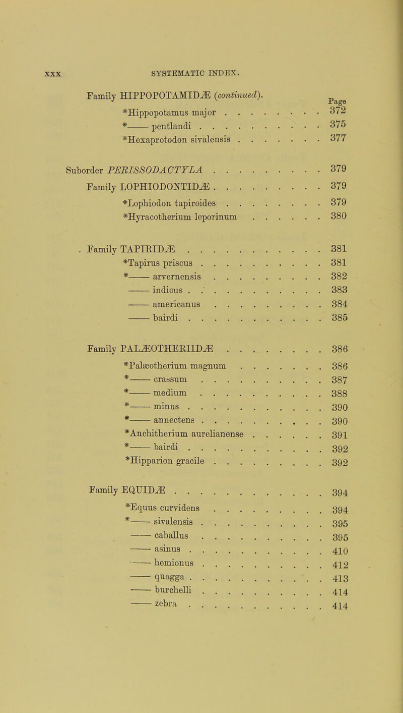 Family HIPPOPOTAMIM (continued). p *Hippopotamus major 372 * pentlandi 375 *Hexaprotodon sivalensis 377 Suborder PEEISS OB A GTYLA 379 Family LOPHIODONTID.^ 379 *Lophiodon tapiroides 379 *Hyracotherium leporinum 380 . Family TAPIRIDiE 381 *Tapirus prisons 381 * arvernensis 382 indicus . .' 383 americanus 384 bairdi 385 Family PAL^EOTHEPJIM 386 *Pala3otherium magnum 386 * crassum 387 * medium 388 * minus 390 * aimectens 390 *Anchitherium aurelianense 391 * bairdi 392 *Hipparion gracile 392 Family EQUIDJE 394 *Equus curvidens 394 * sivalensis 395 caballus 395 asinus 410 hemionus 412 quagga 413 burchelli 414 zebra 4^4