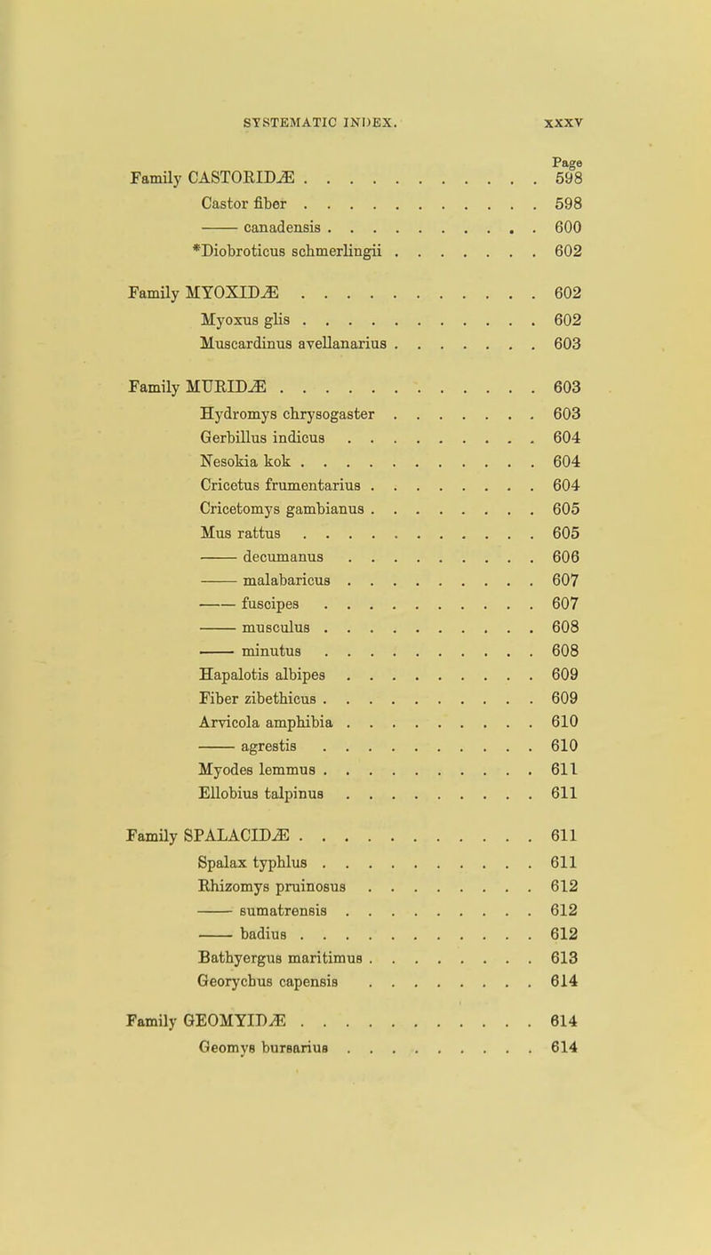 Page Family CASTORID^E 598 Castor fiber 598 canadensis 600 *Diobroticus schmerlingii 602 Family MYOXID^E 602 Myoxus glis 602 Muscardinus avellanarius 603 Family MUEIM 603 Hydromys chrysogaster 603 Gerbillus indicus 604 Nesokia kok 604 Cricetus frumentarius 604 Cricetomys gambianus 605 Mus rattus 605 decumanus 606 malabarieus 607 fuscipes 607 musculus 608 minutus 608 Hapalotis albipes 609 Fiber zibetbicus 609 Arvicola amphibia 610 agrestis 610 My odes lemmus 611 Ellobius talpinus 611 Family SPALACIDJ3 611 Spalax typhlus 611 Rhizomys pruinosus 612 sumatrensis 612 badius 612 Batbyergus maritimus 613 Georychus capensiB 614 Family GEOMYIDyE 614 Geomys bursarius 614
