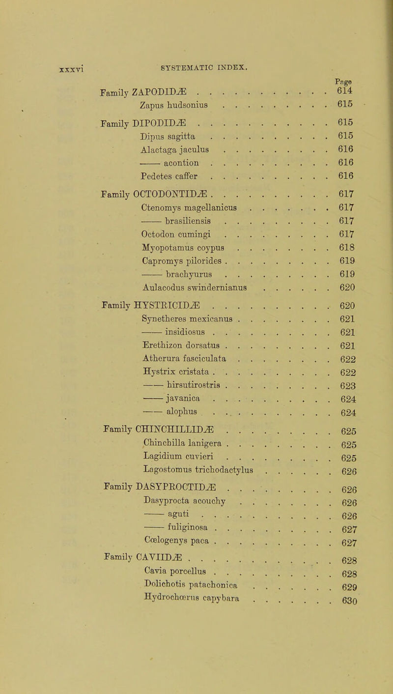 Page Family ZAP0D1M 614 Zapus hudsonius 615 Family DIPODIM 615 Dipus sagitta 615 Alactaga jaculus 616 acontion 616 Pedetes caffer 616 Family OCTODONTIM 617 Ctenomys magellanicus 617 brasiliensis 617 Octodon cumingi 617 Myopotamus coypus 618 Capromys pilorides 619 brachyurus 619 Aulacodus swindernianus 620 Family HYSTRICIDiE 620 Synetlieres mexicanus 621 insidiosus 621 Erethizon dorsatus 621 Atherura fasciculata 622 Hystrix cristata 622 hirsutirostris 623 javanica 624 alophus . 624 Family CHINCHILLIM 625 Chinchilla lanigera 625 Lagidium cuvieri 625 Lagostomus tricbodactylus 626 Family DASYPROCTIDiE 626 Dasyprocta acouchy 626 aguti 626 fuliginosa 627 Coelogenys paca g27 Family CAVIID^E 628 Cavia porcellus g28 Dolichotis patachonica .... 629 HydrochoeruB capybara 630