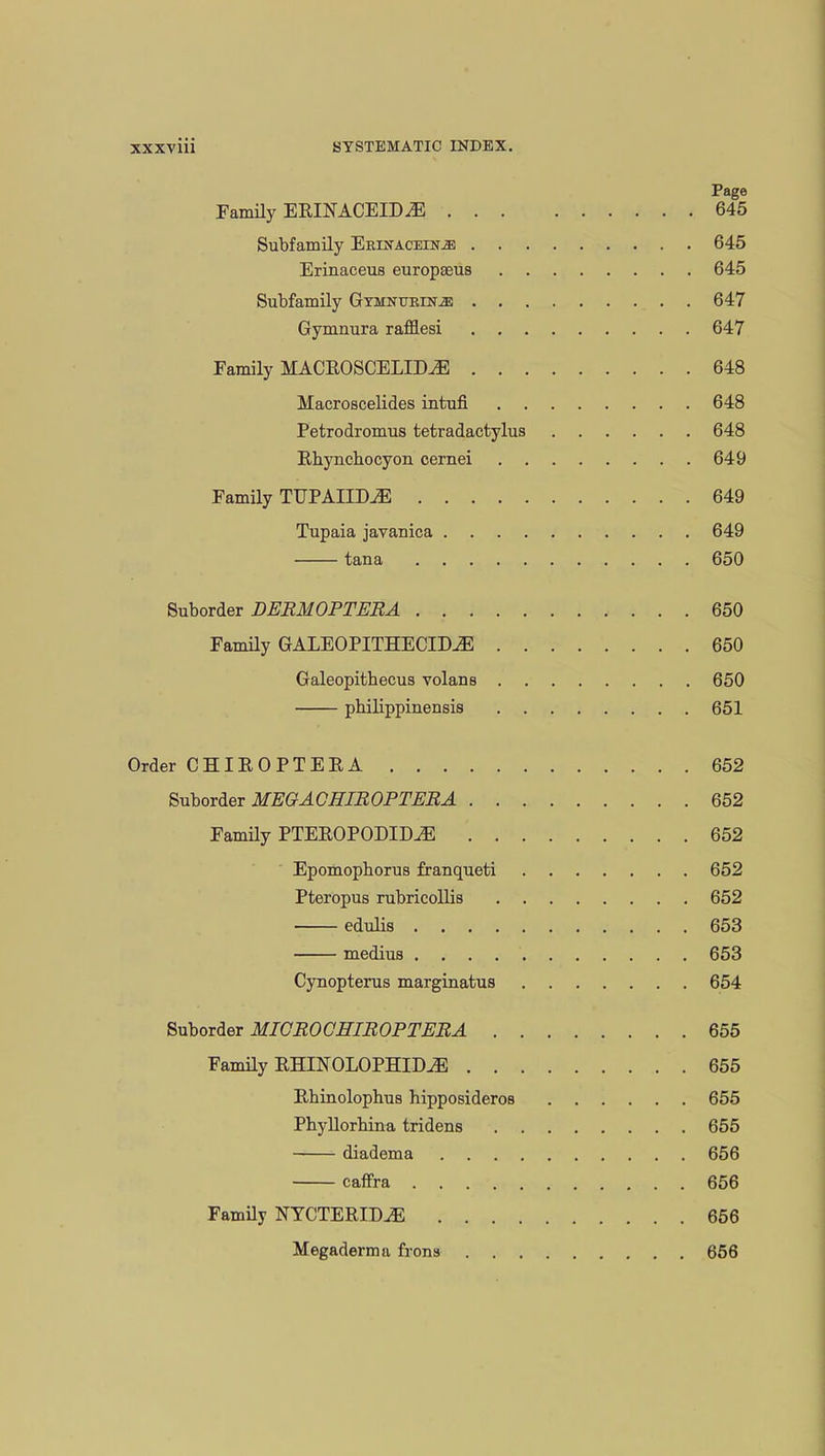 Page Family ERINACEID2E 645 Subfamily Erinacein^e 645 Erinaceus europseus 645 Subfamily Gtmnuein^; 647 Gymnura rafflesi 647 Family MACROSCELIM 648 Macroscelides intufi 648 Petrodromus tetradactylus 648 Rbyncbocyon cernei 649 Family TTTPAIIM 649 Tupaia javanica 649 tana 650 Suborder DERMOPTEBA 650 Family GALEOPITHECIM 650 Galeopithecus volans 650 philippinensis 651 Order CHIROPTERA 652 Suborder MEOACHIROPTEBA 652 Family PTEEOPODID^E 652 Epomopborus franqueti 652 Pteropus rubricollis 652 edulis 653 medius . . . 653 Cynopterus marginatus 654 Suborder MICROCHIROPTERA 655 Family RHINOLOPHIDiE 655 Rbinolophus hipposideros 655 Phyllorbina tridens 655 diadema 656 caffra 656 Family NYCTERID^E 656 Megaderma frons 656