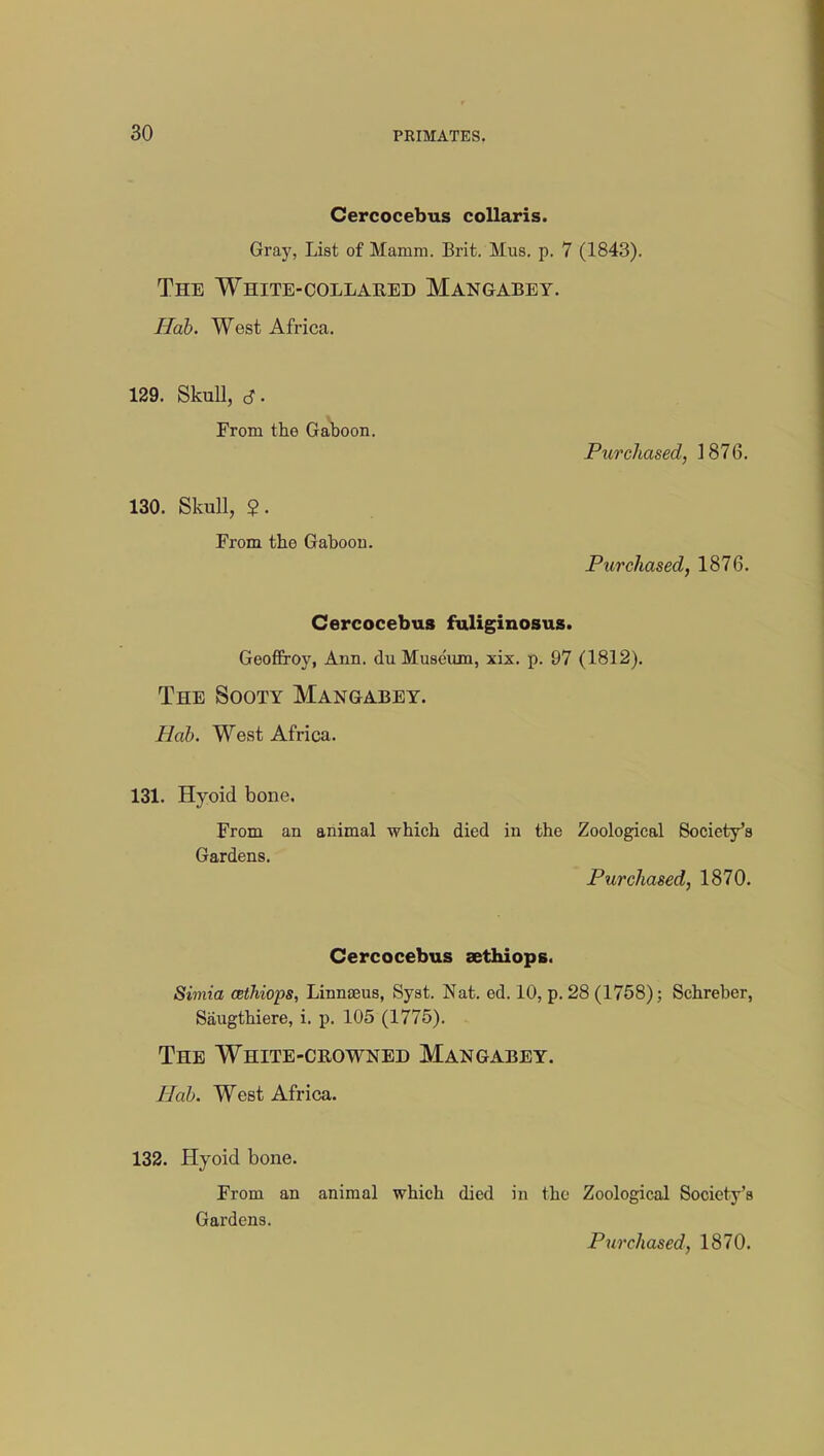 Cercocebus collaris. Gray, List of Mamm. Brit. Hus. p. 7 (1843). The White-collared Mangabey. Hab. West Africa. 129. Skull, rf. From the Gaboon. Purchased, 1876. 130. Skull, ?. From the Gaboon. Purchased, 1876. Cercocebus fuliginosus. GeofFroy, Ann. du Museum, xix. p. 97 (1812). The Sooty Mangabey. Hab. West Africa. 131. Hyoid bone. From an animal which died in the Zoological Society's Gardens. Purchased, 1870. Cercocebus sethiops. Simia cethiops, Linnaeus, Syst. Nat. ed. 10, p. 28 (1758); Schreber, Saugthiere, i. p. 105 (1775). The White-crowned Mangabey. Hab. West Africa. 132. Hyoid bone. From an animal which died in the Zoological Society's Gardens. Purchased, 1870.