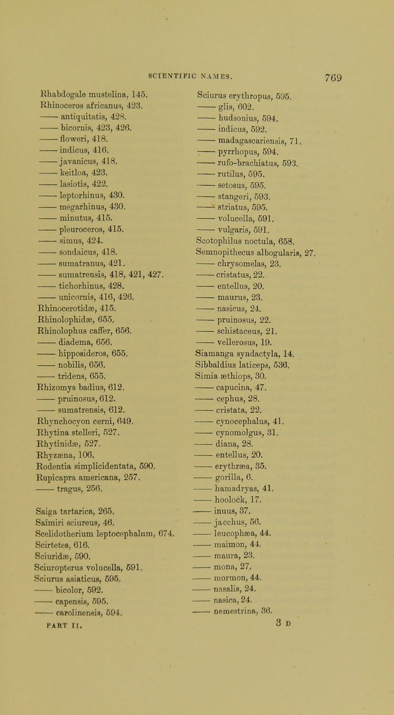 Rhabdogale mustelina, 145. Rhinoceros africanus, 423. antiquitatis, 428. bicornis, 423, 426. floweri, 418. indicus, 416. javanicus, 418. keitloa, 423. lasiotis, 422. leptorhinus, 430. megarkinus, 430. minutus, 415. pleuroceros, 415. sinius, 424. sondaicus, 418. sumatranus, 421. sumatreusis, 418, 421, 427. tichorhinus, 428. unicornis, 416, 426. Rhinocerotidas, 415. Rhinolopbidse, 655. Rliinolophus caffer, 656. diadema, 656. hipposideros, 655. nobilis, 656. tridens, 655. Rhizomys badius, 612. priiinosus, 612. sumatrensis, 612. Rkynchocyon cerni, 649. Rhytina stelleri, 527. Rhytinidse, 627. Rhyzaena, 106. Rodentia simplicidentata, 690. Rupicapra americana, 257. tragus, 256. Saiga tartarica, 265. Saimiri sciureus, 46. Scelidotherium leptocepbaluni, 674. Scirtetes, 616. Sciuridse, 590. Sciuropterus volucella, 691. Sciurus asiaticus, 695. bicolor, 592. capensis, 695. carol inensis, 694. PART II. Sciurus erythropus, 595. glis, 602. hudsonius, 594. indicus, 592. madagascariensis, 71. ■; pyrrhopus, 594. rufo-bracliiatus, 593. rutilus, 695. setosus, 595. stangeri, 593. striatus, 595. volucella, 591. vulgaris, 591. Scotophilus noctula, 658. Semnopithecus albogularis, 27. chrysomelas, 23. cristatus, 22. entellus, 20. maurus, 23. nasicus, 24. pruinosus, 22. schistaceus, 21. vellerosus, 19. Siamanga syndactyla, 14. Sibbaldius laticeps, 536. Simia sethiops, 30. capucina, 47. cephus, 28. cristata, 22. cynocepbalus, 41. cynomolgus, 31. diana, 28. entellus, 20. erytbraea, 35. gorilla, 6. haniadryas, 41. hoolock, 17. inuus, 37. jacchus, 56. leucophaea, 44. maimon, 44. maura, 23. mona, 27.. mormon, 44. nasalis, 24. nasica, 24. nemestrina, 36. 3 D