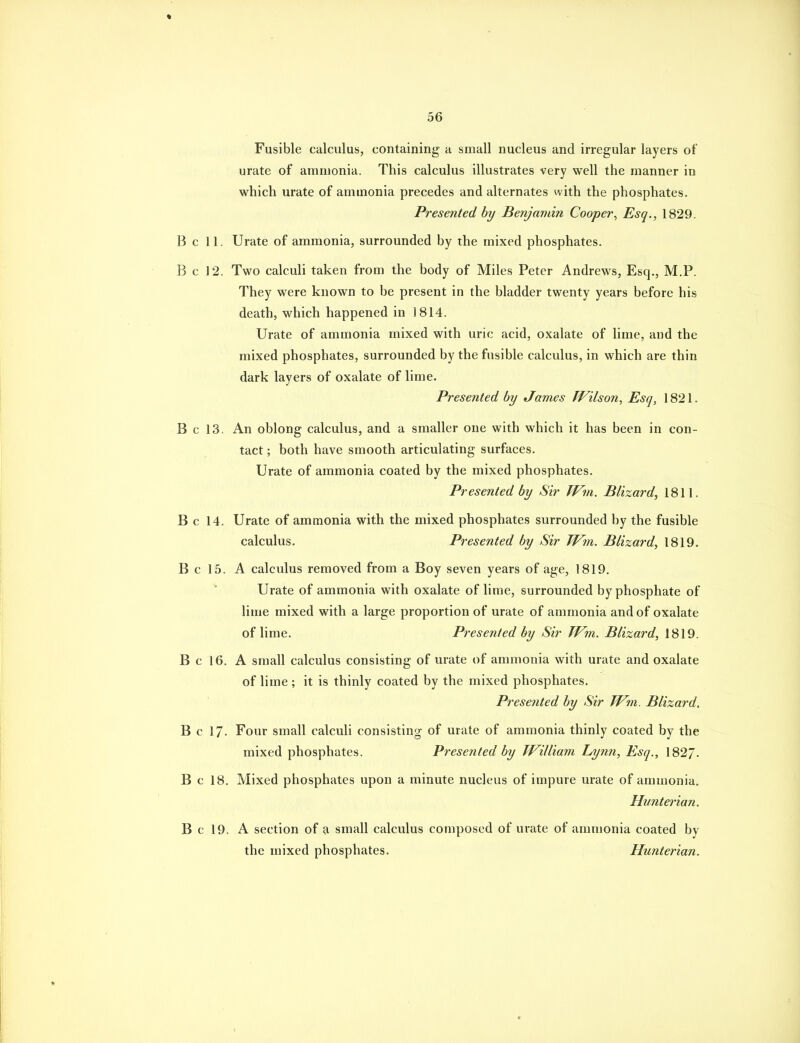 Fusible calculus, containing a small nucleus and irregular layers of urate of ammonia. This calculus illustrates very well the manner in which urate of ammonia precedes and alternates with the phosphates. Presented by Benjamin Cooper., Esq., 1829. Bell. Urate of ammonia, surrounded by the mixed phosphates. B c 12. Two calculi taken from the body of Miles Peter Andrews, Esq., M.P. They were known to be present in the bladder twenty years before his death, which happened in 1814. Urate of ammonia mixed with uric acid, oxalate of lime, and the mixed phosphates, surrounded by the fusible calculus, in which are thin dark layers of oxalate of lime. Presented by James Wilson, Esq, 1821. B c 13. An oblong calculus, and a smaller one with which it has been in con- tact ; both have smooth articulating surfaces. Urate of ammonia coated by the mixed phosphates. Presented by Sir TVm. Blizard, 1811. B c 14. Urate of ammonia with the mixed phosphates surrounded by the fusible calculus. Presented by Sir TVm. Blizard, 1819. B c 15. A calculus removed from a Boy seven years of age, 1819. Urate of ammonia with oxalate of lime, surrounded by phosphate of lime mixed with a large proportion of urate of ammonia and of oxalate of lime. Presented by Sir TVm. Blizard, 1819. B c 16. A small calculus consisting of urate of ammonia with urate and oxalate of lime ; it is thinly coated by the mixed phosphates. Presented by Sir TVm. Blizard. B c 17. Four small calculi consisting of urate of ammonia thinly coated by the mixed phosphates. Presented by TVilliam Lynn, Esq., 1827. B c 18. Mixed phosphates upon a minute nucleus of impure urate of ammonia, Hunterian. B c 19. A section of a small calculus composed of urate of ammonia coated by the mixed phosphates. Hunterian.