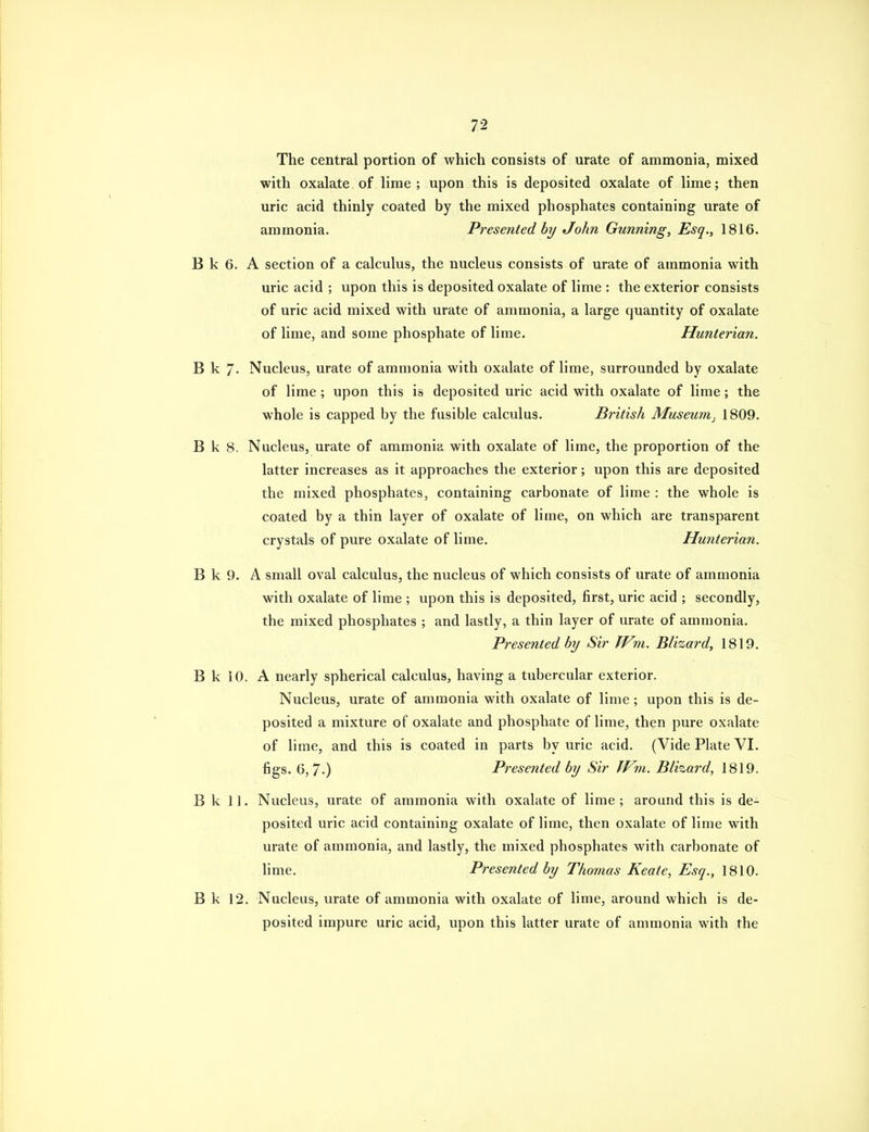 The central portion of which consists of urate of ammonia, mixed with oxalate of lime; upon this is deposited oxalate of lime; then uric acid thinly coated by the mixed phosphates containing urate of ammonia. Presented by John Gunning, Esq., 1816. B k 6. A section of a calculus, the nucleus consists of urate of ammonia with uric acid ; upon this is deposited oxalate of lime : the exterior consists of uric acid mixed with urate of ammonia, a large quantity of oxalate of lime, and some phosphate of lime. Hunterian. B k 7. Nucleus, urate of ammonia with oxalate of lime, surrounded by oxalate of lime ; upon this is deposited uric acid with oxalate of lime; the whole is capped by the fusible calculus. British Museum^ 1809. B k 8. Nucleus, urate of ammonia with oxalate of lime, the proportion of the latter increases as it approaches the exterior; upon this are deposited the mixed phosphates, containing carbonate of lime : the whole is coated by a thin layer of oxalate of lime, on which are transparent crystals of pure oxalate of lime. Hunterian. B k 9. A small oval calculus, the nucleus of which consists of urate of ammonia with oxalate of lime ; upon this is deposited, first, uric acid ; secondly, the mixed phosphates ; and lastly, a thin layer of urate of ammonia. Presented by Sir IVm. Blizard, 1819. B k 10. A nearly spherical calculus, having a tubercular exterior. Nucleus, urate of ammonia with oxalate of lime; upon this is de- posited a mixture of oxalate and phosphate of lime, then pure oxalate of lime, and this is coated in parts by uric acid. (Vide Plate VI. figs. 6, 7-) Presented by Sir IVm. Blizard, 1819. B k 11. Nucleus, urate of ammonia with oxalate of lime; around this is de- posited uric acid containing oxalate of lime, then oxalate of lime with urate of ammonia, and lastly, the mixed phosphates with carbonate of hme. Presented by Thomas Keate, Esq., 1810. B k 12. Nucleus, urate of ammonia with oxalate of lime, around which is de- posited impure uric acid, upon this latter urate of ammonia with the