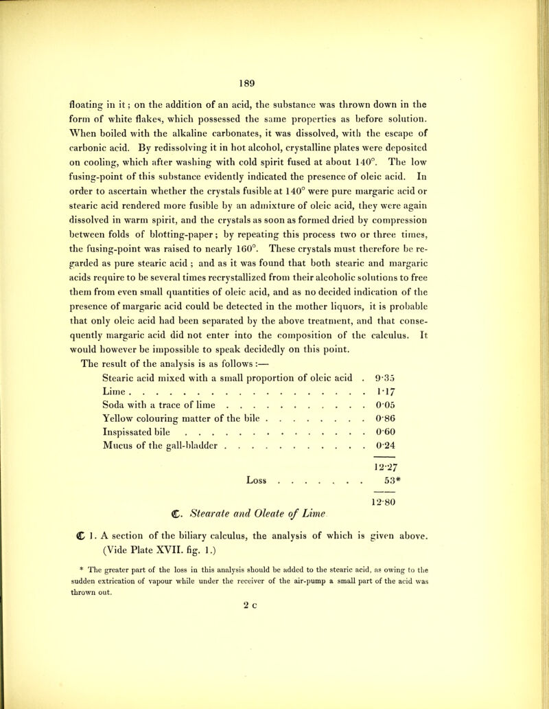 floating in it; on the addition of an acid, the substance was thrown down in the form of white flakes, which possessed the same properties as before sohition. When boiled with the alkaline carbonates, it was dissolved, with the escape of carbonic acid. By redissolving it in hot alcohol, crystalline plates were deposited on cooling, which after washing with cold spirit fused at about 140. The low fusing-point of this substance evidently indicated the presence of oleic acid. In order to ascertain whether the crystals fusible at 140° were pure margaric acid or stearic acid rendered more fusible by an admixture of oleic acid, they were again dissolved in warm spirit, and the crystals as soon as formed dried by compression between folds of blotting-paper; by repeating this process two or three times, the fusing-point was raised to nearly 160°. These crystals must therefore be re- garded as pure stearic acid ; and as it was found that both stearic and margaric acids require to be several times recrystallized from their alcoholic solutions to free them from even small quantities of oleic acid, and as no decided indication of the presence of margaric acid could be detected in the mother liquors, it is probable that only oleic acid had been separated by the above treatment, and that conse- quently margaric acid did not enter into the composition of the calculus. It would however be impossible to speak decidedly on this point. The result of the analysis is as follows :— Stearic acid mixed with a small proportion of oleic acid . 93.5 Lime ri7 Soda with a trace of lime 0'05 Yellow colouring matter of the bile 0 86 Inspissated bile 060 Mucus of the gall-bladder 0 24 12-27 Loss 53* 12-80 C. St ear ate and Oleate of Lime. C 1. A section of the biliary calculus, the analysis of which is given above. (Vide Plate XVII. fig. 1.) * The greater part of the loss in this analysis should he added to the stearic acid, as owing to the sudden extrication of vapour while under the receiver of the eur-pump a small part of the acid was thrown out.