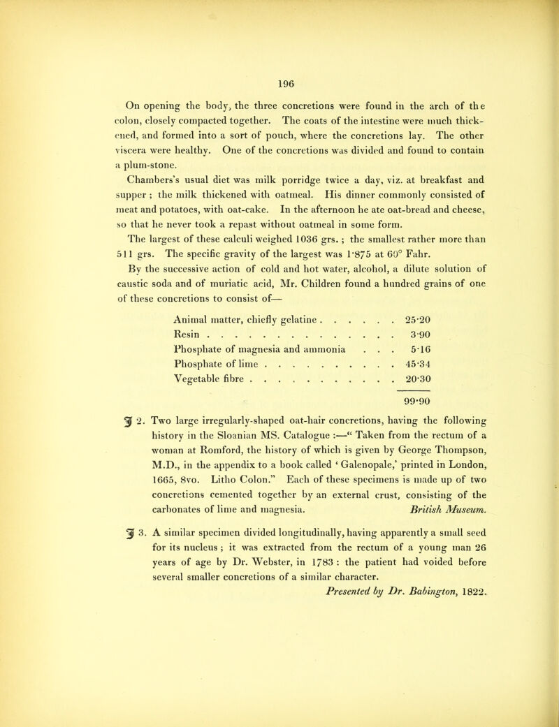 On opening the body, the three concretions were found in the arch of the colon, closely compacted together. The coats of the intestine were much thick- ened, and formed into a sort of pouch, where the concretions lay. The other viscera were healthy. One of the concretions was divided and found to contain a plum-stone. Chambers's usual diet was milk porridge twice a day, viz. at breakfast and supper ; the milk thickened with oatmeal. His dinner commonly consisted of meat and potatoes, with oat-cake. In the afternoon he ate oat-bread and cheese, so that he never took a repast without oatmeal in some form. The largest of these calculi weighed 1036 grs.; the smallest rather more than 511 grs. The specific gravity of the largest was 1*875 at 60° Fahr. By the successive action of cold and hot water, alcohol, a dilute solution of caustic soda and of muriatic acid, Mr. Children found a hundred grains of one of these concretions to consist of— Animal matter, chiefly gelatine 25'20 Resin 390 Phosphate of magnesia and ammonia ... 5'16 Phosphate of lime 45-34 Vegetable fibre ........... 20-30 99-90 ^ 2. Two large irregularly-shaped oat-hair concretions, having the following history in the Sloanian MS. Catalogue :— Taken from the rectum of a woman at Romford, the history of which is given by George Thompson, M.D,, in the appendix to a book called • Galenopale,' printed in London, 1665, 8vo. Litho Colon, Each of these specimens is made up of two concretions cemented together by an external crust, consisting of the carbonates of lime and magnesia. British Museum. 2f 3. A similar specimen divided longitudinally, having apparently a small seed for its nucleus ; it was extracted from the rectum of a young man 26 years of age by Dr. Webster, in 1783 : the patient had voided before several smaller concretions of a similar character. Presented by Dr. Babington^ 1822.