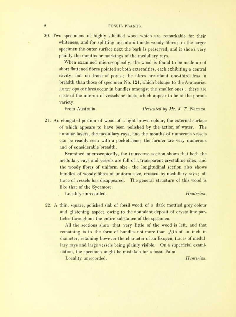20. Two specimens of highly sihcified wood which are remarkable for their whiteness, and for splitting up into ultimate woody fibres ; in the larger specimen the outer surface next the bark is preserved, and it shows very plainly the mouths or markings of the medullary rays. When examined microscopically, the wood is found to be made up of short flattened fibres pointed at both extremities, each exhibiting a central cavity, but no trace of pores ; the fibres are about one-third less in breadth than those of specimen No. 121, which belongs to the Araucariae. Large opake fibres occur in bundles amongst the smaller ones ; these are casts of the interior of vessels or ducts, which appear to be of the porous variety. From Australia. Presented by Mr. J. T. Norman. 21. An elongated portion of wood of a light brown colour, the external surface of which appears to have been polished by the action of water. The annular layers, the medullary rays, and the mouths of numerous vessels can be readily seen with a pocket-lens; the former are very numerous and of considerable breadth. Examined microscopically, the transverse section shows that both the medullary rays and vessels are full of a transparent crystalline silex, and the woody fibres of uniform size: the longitudinal section also shows bundles of woody fibres of uniform size, crossed by medullary rays ; all trace of vessels has disappeared. The general structure of this wood is like that of the Sycamore. Locality unrecorded. Hunterian. 22. A thin, square, polished slab of fossil wood, of a dark mottled grey colour and glistening aspect, owing to the abundant deposit of crystalline par- ticles throughout the entire substance of the specimen. All the sections show that very little of the wood is left, and that remaining is in the form of bundles not-more than ^th of an inch in diameter, retaining however the character of an Exogen, traces of medul- lary rays and large vessels being plainly visible. On a superficial exami- nation, the specimen might be mistaken for a fossil Palm. Locality unrecorded. Hunterian.