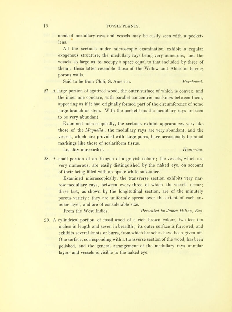 ment of medullary rays and vessels may be easily seen with a pocket- lens. All the sections under microscopic examination exhibit a regular exogenous structure, the medullary rays being very numerous, and the vessels so large as to occupy a space equal to that included by three of them ; these latter resemble those of the Willow and Alder in having porous walls. Said to be from Chili, S. America. Purchased. 27. A large portion of agatized wood, the outer surface of which is convex, and the inner one concave, with parallel concentric markings between them, appearing as if it had originally formed part of the circumference of some large branch or stem. With the pocket-lens the medullary rays are seen to be very abundant. Examined microscopically, the sections exhibit appearances very like those of the Magnolia; the medullary rays are very abundant, and the vessels, which are provided with large pores, have occasionally terminal markings like those of scalariform tissue. Locality unrecorded. Hunterian. 28. A small portion of an Exogen of a greyish colour ; the vessels, which are very numerous, are easily distinguished by the naked eye, on account of their being filled with an opake white substance. Examined microscopically, the transverse section exhibits very nar- row medullary rays, between every three of which the vessels occur; these last, as shown by the longitudinal section, are of the minutely porous variety : they are uniformly spread over the extent of each an- nular layer, and are of considerable size. From the West Indies. Presented by James Hilton, Esq. 29. A cylindrical portion of fossil wood of a rich brown colour, two feet ten inches in length and seven in breadth ; its outer surface is furrowed, and exhibits several knots or burrs, from which branches have been given off. One surface, corresponding with a transverse section of the wood, has been polished, and the general arrangement of the medullary rays, annular layers and vessels is visible to the naked eye.