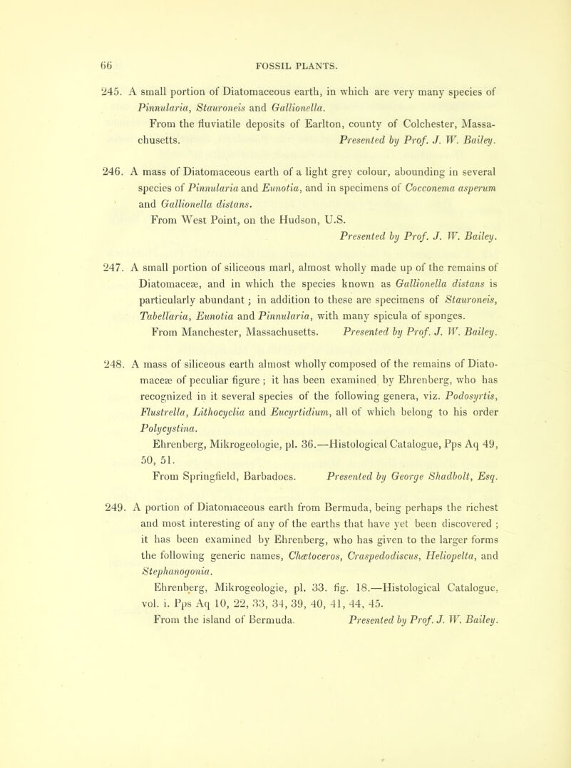 245. A small portion of Diatomaceous earth, in which are very many species of Pinnularia, Stauroneis and GaUionella. From the fluviatile deposits of Earlton, county of Colchester, Massa- chusetts. Presented by Prof. J. W. Bailey. 246. A mass of Diatomaceous earth of a light grey colour, abounding in several species of Pinnularia and Eunotia, and in specimens of Cocconema asperum and GaUionella distans. From West Point, on the Hudson, U.S. Presented by Prof. J. W. Bailey. 247. A small portion of siliceous marl, almost wholly made up of the remains of Diatomacese, and in which the species known as GaUionella distans is particularly abundant; in addition to these are specimens of Stauroneis, Tabellaria, Eunotia and Pinnularia, with many spicula of sponges. From Manchester, Massachusetts. Presented by Prof. J. W. Bailey. 248. A mass of siliceous earth almost wholly composed of the remains of Diato- macese of peculiar figure ; it has been examined by Ehrenberg, who has recognized in it several species of the following genera, viz. Podosyrtis, Flustrella, Lithocyclia and Eucyrtidium, all of which belong to his order Polycystina. Ehrenberg, Mikrogeologie, pi. 36.—Histological Catalogue, Pps Aq 49, 50, 51. From Springfield, Barbadoes. Presented by George Shadbolt, Esq. 249. A portion of Diatomaceous earth from Bermuda, being perhaps the richest and most interesting of any of the earths that have yet been discovered ; it has been examined by Ehrenberg, who has given to the larger forms the following generic names, Clustoceros, Craspedodiscus, Heliopelta, and Stephanogonia. Ehrenberg, Mikrogeologie, pi. 33. fig. 18.—Histological Catalogue, vol. 1. Pps Aq 10, 22, 33, 34, 39, 40, 41, 44, 45. From the island of Bermuda. Presented by Prof. J. IT. Bailey.