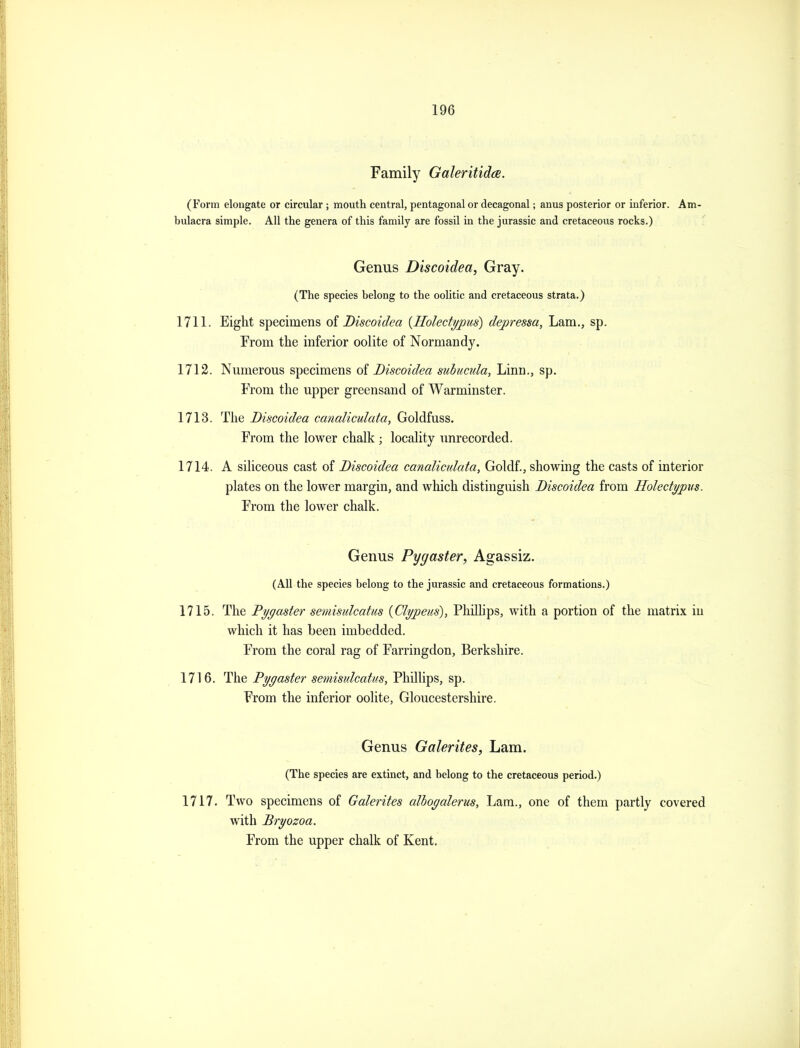 Family Galeritidce. (Form elongate or circular ; mouth central, pentagonal or decagonal; anus posterior or inferior. Am- bulacra simple. All the genera of this family are fossil in the Jurassic and cretaceous rocks.) Genus Discoidea, Gray. (The species belong to the oolitic and cretaceous strata.) 1711. Eight specimens Discoidea {Holectypus) depressa. Lam., sp. From the inferior oolite of Normandy. 1712. Numerous specimens of Discoidea suhucida. Linn., sp. From the upper greensand of Warminster. 1713. The Discoidea canaliculata, Goldfuss. From the lower chalk ; locality unrecorded. 1714. A siliceous cast of Discoidea canaliculata, Goldf., showing the casts of interior plates on the lower margin, and which distinguish Discoidea from Holectypvs. From the lower chalk. Genus Pygaster, Agassiz. (All the species belong to the Jurassic and cretaceous formations.) 1715. The Dygaster semisulcatus {Clypeus), PhUlips, with a portion of the matrix in which it has been imbedded. From the coral rag of Farringdon, Berkshire. 1716. The Pygaster semisulcatus, Phillips, sp. From the inferior oolite, Gloucestershire. Genus Galerites, Lam. (The species are extinct, and belong to the cretaceous period.) 1717. Two specimens of Galerites alhogalerus. Lam., one of them partly covered with Bryozoa. From the upper chalk of Kent.