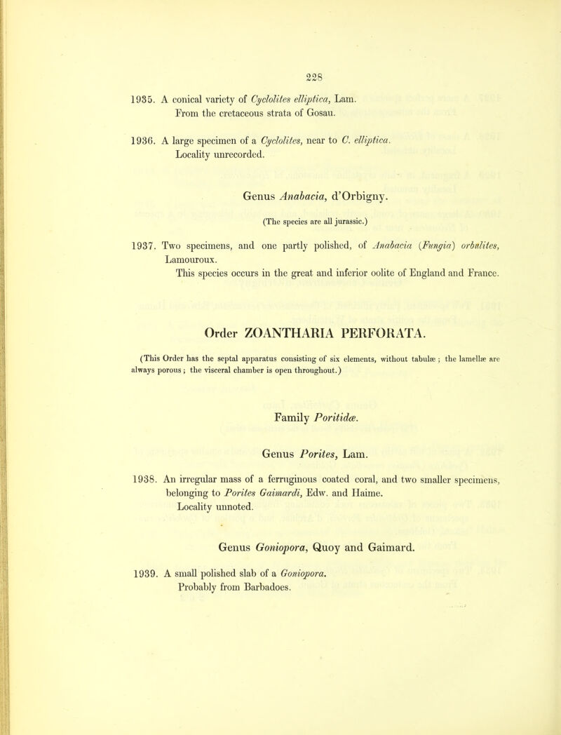 1935. A conical variety of Cyclolites elliptica. Lam. From the cretaceous strata of Gosau. 1936. A large specimen of a Cyclolites, near to C. elliptica. Locality unrecorded. Genus Anahacia, d'Orbigny. (The species are all Jurassic.) 1937. Two specimens, and one partly polished, of Anahacia {¥ungia) orbulites, Lamouroux. This species occurs in the great and inferior oolite of England and Prance. Order ZOANTHARIA PERFORATA. (This Order has the septal apparatus consisting of six elements, without tabulse ; the lamellae are always porous ; the visceral chamber is open throughout.) Family Poritidce. Genus Pontes, Lam. 1938. An irregular mass of a ferruginous coated coral, and two smaller specimens, belonging to Pontes Gaimardi, Edw. and Haime. Locality unnoted. Genus Goniopora, Quoy and Gaimard. 1939. A small polished slab of a Goniopora. Probably from Barbadoes.