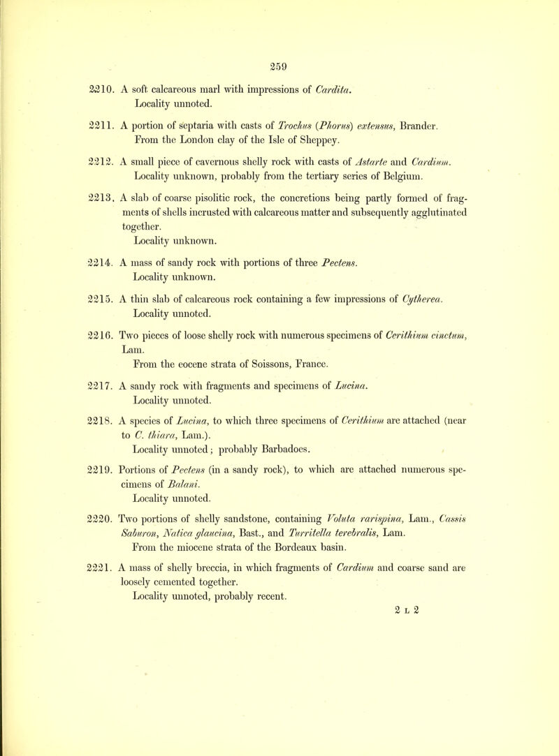 2v210. A soft calcareous marl with impressions of Cardita. Locality mmoted. 2211. A portion of septaria with casts of Trochus {Phorus) extenms, Brander. From the London clay of the Isle of Sheppey. 2212. A small piece of cavernous shelly rock with casts of Astarte and Cardium. Locality miknown, probably from the tertiary series of Belgium. 2213. A slab of coarse pisolitic rock, the concretions being partly formed of frag- ments of shells incrusted with calcareous matter and subsequently agglutinated together. Locality unknown. 2214. A mass of sandy rock with portions of three Pectens. Locality unknown. 2215. A thin slab of calcareous rock containing a few impressions of CytTierea. Locality unnoted. 2216. Two pieces of loose shelly rock with numerous specimens of Cerithimn cinctum. Lam. From the eocene strata of Soissons, France. 2217. A sandy rock with fragments and specimens of Lucina. Locality unnoted. 2218. A species of Lucina, to which three specimens of Cerithuim are attached (near to C. thiara, Lam.). Locality unnoted; probably Barbadoes. 2219. Portions oi Pectens (in a sandy rock), to which are attached numerous spe- cimens of Balani. Locality unnoted. 2220. Two portions of shelly sandstone, containing Voluta rarispina, Lam., Cassis Sahuron, Natica glaucina. Bast., and Turritella terehmlis, Lam. From the miocene strata of the Bordeaux basin. 2221. A mass of shelly breccia, in which fragments of Cardium and coarse sand are loosely cemented together. Locality unnoted, probably recent. 2 L 2