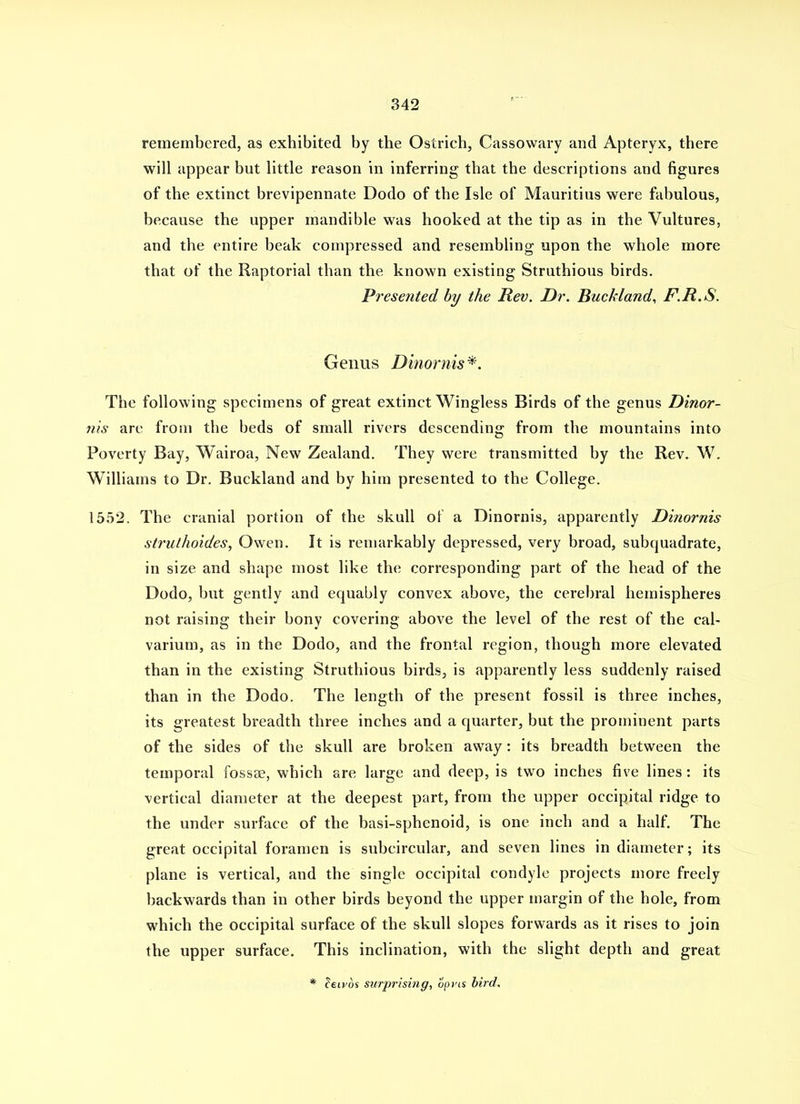 remembered, as exhibited by the Ostrich, Cassowary and Apteryx, there will appear but little reason in inferring that the descriptions and figures of the extinct brevipennate Dodo of the Isle of Mauritius were fabulous, because the upper mandible was hooked at the tip as in the Vultures, and the entire beak compressed and resembling upon the whole more that of the Raptorial than the known existing Struthious birds. Presented by the Rev. Dr. Buckland, F.R.S. Genus Dinornis*. The following specimens of great extinct Wingless Birds of the genus Dinor- nis are from the beds of small rivers descending from the mountains into Poverty Bay, Wairoa, New Zealand. They were transmitted by the Rev. W. Williams to Dr. Buckland and by him presented to the College. 1552. The cranial portion of the skull of a Dinornis, apparently Dinornis strulhoides, Owen. It is remarkably depressed, very broad, subquadrate, in size and shape most like the corresponding part of the head of the Dodo, but gently and equably convex above, the cerebral hemispheres not raising their bony covering above the level of the rest of the cal- varium, as in the Dodo, and the frontal region, though more elevated than in the existing Struthious birds, is apparently less suddenly raised than in the Dodo. The length of the present fossil is three inches, its greatest breadth three inches and a quarter, but the prominent parts of the sides of the skull are broken away: its breadth between the temporal fossse, which are large and deep, is two inches five lines: its vertical diameter at the deepest part, from the upper occipital ridge to the under surface of the basi-sphenoid, is one inch and a half. The great occipital foramen is subcircular, and seven lines in diameter; its plane is vertical, and the single occipital condyle projects more freely backwards than in other birds beyond the upper margin of the hole, from which the occipital surface of the skull slopes forwards as it rises to join the upper surface. This inclination, with the slight depth and great * ^eivds surjjrising, opvis bird.