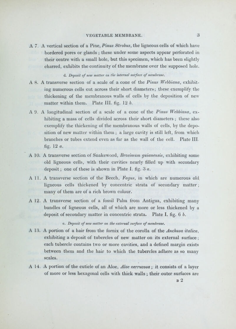 A 7. A vertical section of a Pine, Pinus Strobus, the ligneous cells of which have bordered pores or glands ; these under some aspects appear perforated in their centre with a small hole, but this specimen, which has been slightly charred, exhibits the continuity of the membrane over the supposed hole. d. Deposit of new matter on the internal surface of membrane. A 8. A transverse section of a scale of a cone of the Pinus Webbiana, exhibit- ing numerous cells cut across their short diameters; these exemplify the thickening of the membranous walls of cells by the deposition of new- matter within them. Plate III. fig. 12 b. A 9. A longitudinal section of a scale of a cone of the Pinus Webbiana, ex- hibiting a mass of cells divided across their short diameters ; these also exemplify the thickening of the membranous walls of cells, by the depo- sition of new matter within them ; a large cavity is still left, from which branches or tubes extend even as far as the wall of the cell. Plate III. fig. 12 a. A 10. A transverse section of Snakewood, Brosimum guianensis, exhibiting some old ligneous cells, with their cavities nearly filled up with secondary deposit; one of these is shown in Plate I, fig. 3 a. A 11. A transverse section of the Beech, Fagus, in which are numerous old ligneous cells thickened by concentric strata of secondary matter; many of them are of a rich brown colour. A 12. A transverse section of a fossil Palm from Antigua, exhibiting many bundles of ligneous cells, all of which are more or less thickened by a deposit of secondary matter in concentric strata. Plate I. fig. 6 b. e. Deposit of new matter on the external surface of membrane. A 13. A portion of a hair from the fornix of the corolla of the Anchusa italica, exhibiting a deposit of tubercles of new matter on its external surface; each tubercle contains two or more cavities, and a defined margin exists between them and the hair to which the tubercles adhere as so many scales. A 14. A portion of the cuticle of an Aloe, Aloe verrucosa ; it consists of a layer of more or less hexagonal cells with thick walls ; their outer surfaces are B 2