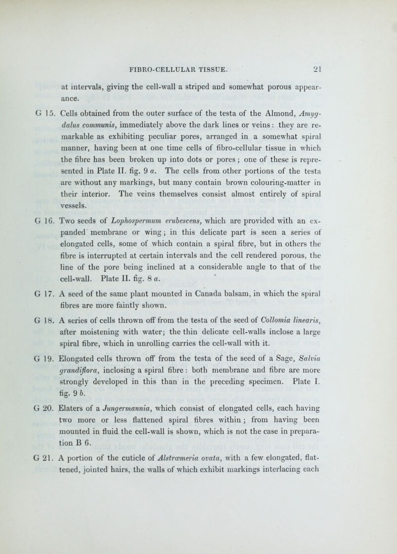 at intervals, giving the cell-wall a striped and somewhat porous appear- ance. G 15. Cells obtained from the outer surface of the testa of the Almond, Amyg- dalus communis, immediately above the dark lines or veins: they are re- markable as exhibiting pecuHar pores, arranged in a somewhat spiral manner, having been at one time cells of fibro-cellular tissue in which the fibre has been broken up into dots or pores; one of these is repre- sented in Plate II. fig. 9 a. The cells from other portions of the testa are without any markings, but many contain brown colouring-matter in their interior. The veins themselves consist almost entirely of spiral vessels. G 16. Two seeds of Lophospermum erubescens, which are provided with an ex- panded membrane or wing; in this delicate part is seen a series of elongated cells, some of which contain a spiral fibre, but in others the fibre is interrupted at certain intervals and the cell rendered porous, the line of the pore being inclined at a considerable angle to that of the cell-wall. Plate II. fig. 8 a. G 17. A seed of the same plant mounted in Canada balsam, in which the spiral fibres are more faintly shown. G 18. A series of cells thrown off from the testa of the seed of Collomia linearis, after moistening with water; the thin delicate cell-walls inclose a large spiral fibre, which in unrolling carries the cell-wall with it. G 19. Elongated cells thrown off from the testa of the seed of a Sage, Salvia grandijiora, inclosing a spiral fibre: both membrane and fibre are more strongly developed in this than in the preceding specimen. Plate I. fig. 9 b. G 20. Elaters of a Jungermannia, which consist of elongated cells, each having two more or less flattened spiral fibres within; from having been mounted in fluid the cell-wall is shown, which is not the case in prepara- tion B 6. G 21. A portion of the cuticle of Alstrcemeria ovata, with a few elongated, flat- tened, jointed hairs, the walls of which exhibit markings interlacing each