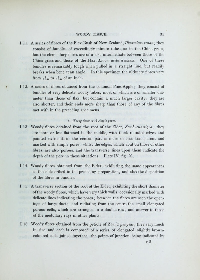 A series of fibres of the Flax Bush of New Zealand, Phormium tenax; they consist of bundles of exceedingly minute tubes, as in the China grass, but the elementary fibres are of a size intermediate between those of the China grass and those of the Flax, Linum usitatissimum. One of these bundles is remarkably tough when pulled in a straight line, but readily breaks when bent at an angle. In this specimen the ultimate fibres vary from to sFo of an inch. A series of fibres obtained from the common Pine-Apple; they consist of bundles of very delicate woody tubes, most of which are of smaller dia- meter than those of flax, but contain a much larger cavity; they are also shorter, and their ends more sharp than those of any of the fibres met with in the preceding specimens. b. Woody tissue with simple pores. I 13. Woody fibres obtained from the root of the Elder, Sambucus nigra ; they are more or less flattened in the middle, with thick rounded edges and pointed extremities; the central part is more or less transparent and marked with simple pores, whilst the edges, which abut on those of other fibres, are also porous, and the transverse lines upon them indicate the depth of the pore in those situations. Plate IV. fig. 21. 114. Woody fibres obtained from the Elder, exhibiting the same appearances as those described in the preceding preparation, and also the disposition of the fibres in bundles. 115. A transverse section of the root of the Elder, exhibiting the short diameter of the woody fibres, which have very thick walls, occasionally marked with delicate lines indicating the pores; between the fibres are seen the open- ings of large ducts, and radiating from the centre the small elongated porous cells, which are arranged in a double row, and answer to those of the medullary rays in other plants. 116. Woody fibres obtained from the petiole of Zamia pungens; they vary much in size, and each is composed of a series of elongated, slightly brown- coloured cells joined together, the points of junction being indicated by F 2 I 11. I 12.