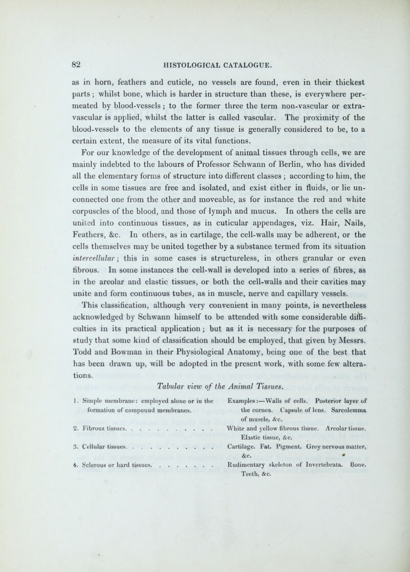 as in horn, feathers and cuticle, no vessels are found, even in their thickest parts; whilst bone, which is harder in structure than these, is everywhere per- meated by blood-vessels; to the former three the term non-vascular or extra- vascular is applied, whilst the latter is called vascular. The proximity of the blood-vessels to the elements of any tissue is generally considered to be, to a certain extent, the measure of its vital functions. For our knowledge of the development of animal tissues through cells, we are mainly indebted to the labours of Professor Schwann of Berlin, who has divided all the elementary forms of structure into ditFerent classes ; according to him, the cells in some tissues are free and isolated, and exist either in fluids, or lie un- connected one from the other and moveable, as for instance the red and white corpuscles of the blood, and those of lymph and mucus. In others the cells are united into continuous tissues, as in cuticular appendages, viz. Hair, Nails, Feathers, &c. In others, as in cartilage, the cell-walls may be adherent, or the cells themselves may be united together by a substance termed from its situation intercellular; this in some cases is structureless, in others granular or even fibrous. In some instances the cell-wall is developed into a series of fibres, as in the areolar and elastic tissues, or both the cell-walls and their cavities may unite and form continuous tubes, as in muscle, nerve and capillary vessels. This classification, although very convenient in many points, is nevertheless acknowledged by Schwann himself to be attended with some considerable difii- culties in its practical application; but as it is necessary for the purposes of study that some kind of classification should be employed, that given by Messrs. Todd and Bowman in their Physiological Anatomy, being one of the best that has been drawn up, will be adopted in the present work, with some few altera- tions. Tabular view of the Animal Tissues. 1. Simple membrane: employed alone or in the formation of compound membranes. Examples:—Walls of cells. Posterior layer of the cornea. Capsule of lens. Sarcolemma of muscle, &c. 2. Fibrous tissues White and yellow fibrous tissue. Areolar tissue. Elastic tissue, &c. 3. Cellular tissues, Cartilage. Fat. Pigment. Grey nervous matter, &c. i. Sclerous or hard tissues. Rudimentary skeleton of Invertebrata. Bone. Teeth, &c.