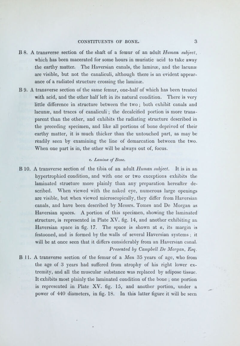 B 8. A transverse section of the shaft of a femur of an adult Human subject, which has been macerated for some hours in muriatic acid to take away the earthy matter. The Haversian canals, the laminae, and the lacunae, are visible, but not the canaliculi, although there is an evident appear- ance of a radiated structure crossing the laminae. B 9. A transverse section of the same femur, one-half of which has been treated with acid, and the other half left in its natural condition. There is very little difference in structure between the two; both exhibit canals and lacunae, and traces of canaliculi ; the decalcified portion is more trans- parent than the other, and exhibits the radiating structure described in the preceding specimen, and like all portions of bone deprived of their earthy matter, it is much thicker than the untouched part, as may be readily seen by examining the line of demarcation between the two. When one part is in, the other will be always out of, focus. c. Laminae of Bone. B 10. A transverse section of the tibia of an adult Human subject. It is in an hypertrophied condition, and with one or two exceptions exhibits the laminated structure more plainly than any preparation hereafter de- scribed. When viewed with the naked eye, numerous large openings are visible, but when viewed microscopically, they differ from Haversian canals, and have been described by Messrs. Tomes and De Morgan as Haversian spaces. A portion of this specimen, showing the laminated structure, is represented in Plate XV. fig. 14, and another exhibiting an Haversian space in fig. 17. The space is shown at a, its margin is festooned, and is formed by the walls of several Haversian systems ; it will be at once seen that it differs considerably from an Haversian canal. Presented by Campbell De Morgan, Esq. B 11. A transverse section of the femur of a Man 35 years of age, who from the age of 3 years had suffered from atrophy of his right lower ex- tremity, and all the muscular substance was replaced by adipose tissue. It exhibits most plainly the laminated condition of the bone ; one portion is represented in Plate XV. fig. 15, and another portion, under a power of 440 diameters, in fig. 18. In this latter figure it will be seen