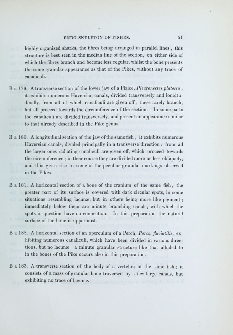 highly organized sharks, the fibres being arranged in parallel lines ; this structure is best seen in the median line of the section, on either side of which the fibres branch and become less regular, whilst the bone presents the same granular appearance as that of the Pikes, without any trace of canaliculi. B a 179. A transverse section of the lower jaw of a Plaice, Pleuronectes platessa ; it exhibits numerous Haversian canals, divided transversely and longitu- dinally, from all of which canaliculi are given off; these rarely branch, but all proceed towards the circumference of the section. In some parts the canaliculi are divided transversely, and present an appearance similar to that already described in the Pike genus. B a 180. A longitudinal section of the jaw of the same fish ; it exhibits numerous Haversian canals, divided principally in a transverse direction : from all the larger ones radiating canaliculi are given off, which proceed towards the circumference ; in their course they are divided more or less obliquely, and this gives rise to some of the peculiar granular markings observed in the Pikes. B a 181. A horizontal section of a bone of the cranium of the same fish; the greater part of its surface is covered with dark circular spots, in some situations resembling lacuna?, but in others being more like pigment ; immediately below them are minute branching canals, with which the spots in question have no connection. In this preparation the natural surface of the bone is uppermost. B a 182. A horizontal section of an operculum of a Perch, Perca fluviatilis, ex- hibiting numerous canaliculi, which have been divided in various direc- tions, but no lacunse : a minute granular structure like that alluded to in the bones of the Pike occurs also in this preparation. B a 183. A transverse section of the body of a vertebra of the same fish ; it consists of a mass of granular bone traversed by a few large canals, but exhibiting no trace of lacunae.