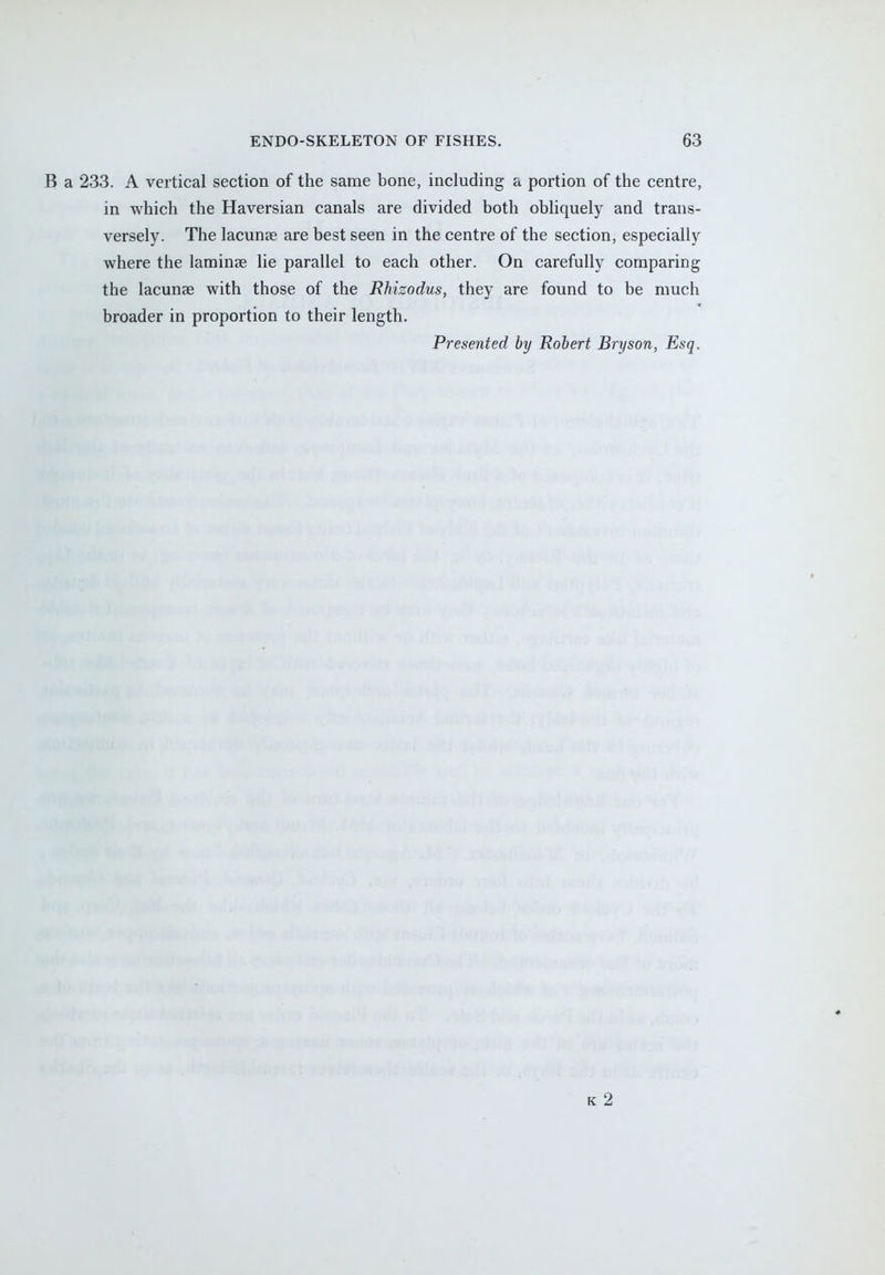 B a 233. A vertical section of the same bone, including a portion of the centre, in which the Haversian canals are divided both obliquely and trans- versely. The lacunas are best seen in the centre of the section, especially where the laminae lie parallel to each other. On carefully comparing the lacunae with those of the Rhizodus, they are found to be much broader in proportion to their length. Presented by Robert Bryson, Esq. k 2