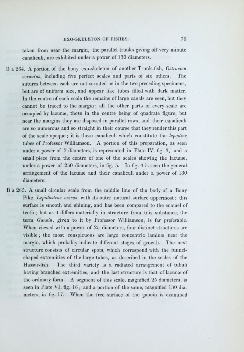 taken from near the margin, the parallel trunks giving off very minute canaliculi, are exhibited under a power of 130 diameters. B a 264. A portion of the bony exo-skeleton of another Trunk-fish, Ostracion cornutus, including five perfect scales and parts of six others. The sutures between each are not serrated as in the two preceding specimens, but are of uniform size, and appear like tubes filled with dark matter. In the centre of each scale the remains of large canals are seen, but they cannot be traced to the margin; all the other parts of every scale are occupied by lacunae, those in the centre being of quadrate figure, but near the margins they are disposed in parallel rows, and their canaliculi are so numerous and so straight in their course that they render this part of the scale opaque; it is these canaliculi which constitute the lepadine tubes of Professor Williamson. A portion of this preparation, as seen under a power of 7 diameters, is represented in Plate IV. fig. 3, and a small piece from the centre of one of the scales showing the lacunas, under a power of 250 diameters, in fig. 5. In fig. 4 is seen the general arrangement of the lacunae and their canaliculi under a power of 130 diameters. B a 265. A small circular scale from the middle line of the body of a Bony Pike, Lepidosteus osseus, with its outer natural surface uppermost: this surface is smooth and shining, and has been compared to the enamel of teeth; but as it differs materially in structure from tnis substance, the term Gunoin, given to it by Professor Williamson, is far preferable. When viewed with a power of 25 diameters, four distinct structures are visible ; the most conspicuous are large concentric laminae near the margin, which probably indicate different stages of growth. The next structure consists of circular spots, which correspond with the funnel- shaped extremities of the large tubes, as described in the scales of the Hassar-fish. The third variety is a radiated arrangement of tubuli having branched extremities, and the last structure is that of lacunas of the ordinary form. A segment of this scale, magnified 25 diameters, is seen in Plate VI. fig. 16 ; and a portion of the same, magnified 130 dia- meters, in fig. 17. When the free surface of the ganoin is examined
