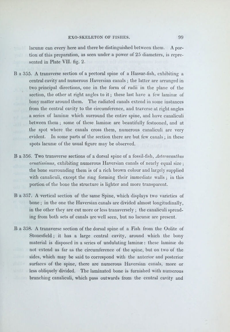 lacunas can every here and there be distinguished between them. A por- tion of this preparation, as seen under a power of 25 diameters, is repre- sented in Plate VII. fig. 2. B a 355. A transverse section of a pectoral spine of a Hassar-fish, exhibiting a central cavity and numerous Haversian canals ; the latter are arranged in two principal directions, one in the form of radii in the plane of the section, the other at right angles to it; these last have a few laminae of bony matter around them. The radiated canals extend in some instances from the central cavity to the circumference, and traverse at right angles a series of laminae which surround the entire spine, and have canaliculi between them ; some of these laminae are beautifully festooned, and at the spot where the canals cross them, numerous canaliculi are very evident. In some parts of the section there are but few canals ; in these spots lacunae of the usual figure may be observed. B a 356. Two transverse sections of a dorsal spine of a fossil-fish, Asteracanthus ornatissimus, exhibiting numerous Haversian canals of nearly equal size ; the bone surrounding them is of a rich brown colour and largely supplied with canaliculi, except the ring forming their immediate walls ; in this portion of the bone the structure is lighter and more transparent. B a 357. A vertical section of the same Spine, which displays two varieties of bone ; in the one the Haversian canals are divided almost longitudinally, in the other they are cut more or less transversely ; the canaliculi spread- ing from both sets of canals are well seen, but no lacunae are present. B a 358. A transverse section of the dorsal spine of a Fish from the Oolite of Stonesfield; it has a large central cavity, around which the bony material is disposed in a series of undulating laminae: these laminae do not extend as far as the circumference of the spine, but on two of the sides, which may be said to correspond with the anterior and posterior surfaces of the spine, there are numerous Haversian canals, more or less obliquely divided. The laminated bone is furnished with numerous branching canaliculi, which pass outwards from the central cavity and