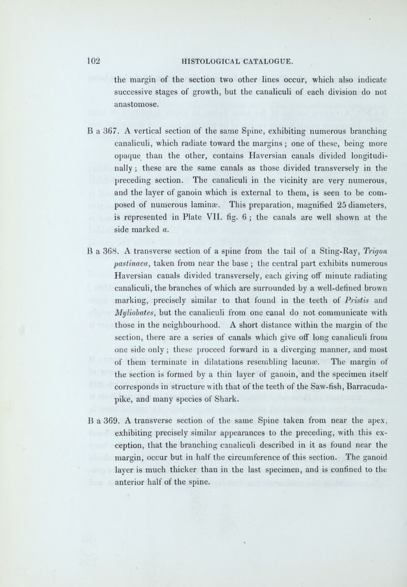 the margin of the section two other lines occur, which also indicate successive stages of growth, but the canaliculi of each division do not anastomose. B a 367. A vertical section of the same Spine, exhibiting numerous branching canaliculi, which radiate toward the margins ; one of these, being more opaque than the other, contains Haversian canals divided longitudi- nally ; these are the same canals as those divided transversely in the preceding section. The canaliculi in the vicinity are very numerous, and the layer of ganoin which is external to them, is seen to be com- posed of numerous laminae. This preparation, magnified 25 diameters, is represented in Plate VII. fig. 6 ; the canals are well shown at the side marked a. B a 368. A transverse section of a spine from the tail of a Sting-Ray, Trigon pastinaca, taken from near the base ; the central part exhibits numerous Haversian canals divided transversely, each giving off minute radiating canaliculi, the branches of which are surrounded by a well-defined brown marking, precisely similar to that found in the teeth of Pristis and Myliobates, but the canaliculi from one canal do not communicate with those in the neighbourhood. A short distance within the margin of the section, there are a series of canals which give off long canaliculi from one side only; these proceed forward in a diverging manner, and most of them terminate in dilatations resembling lacunas. The margin of the section is formed by a thin layer of ganoin, and the specimen itself corresponds in structure with that of the teeth of the Saw-fish, Barracuda- pike, and many species of Shark. B a 369. A transverse section of the same Spine taken from near the apex, exhibiting precisely similar appearances to the preceding, with this ex- ception, that the branching canaliculi described in it as found near the margin, occur but in half the circumference of this section. The ganoid layer is much thicker than in the last specimen, and is confined to the anterior half of the spine.