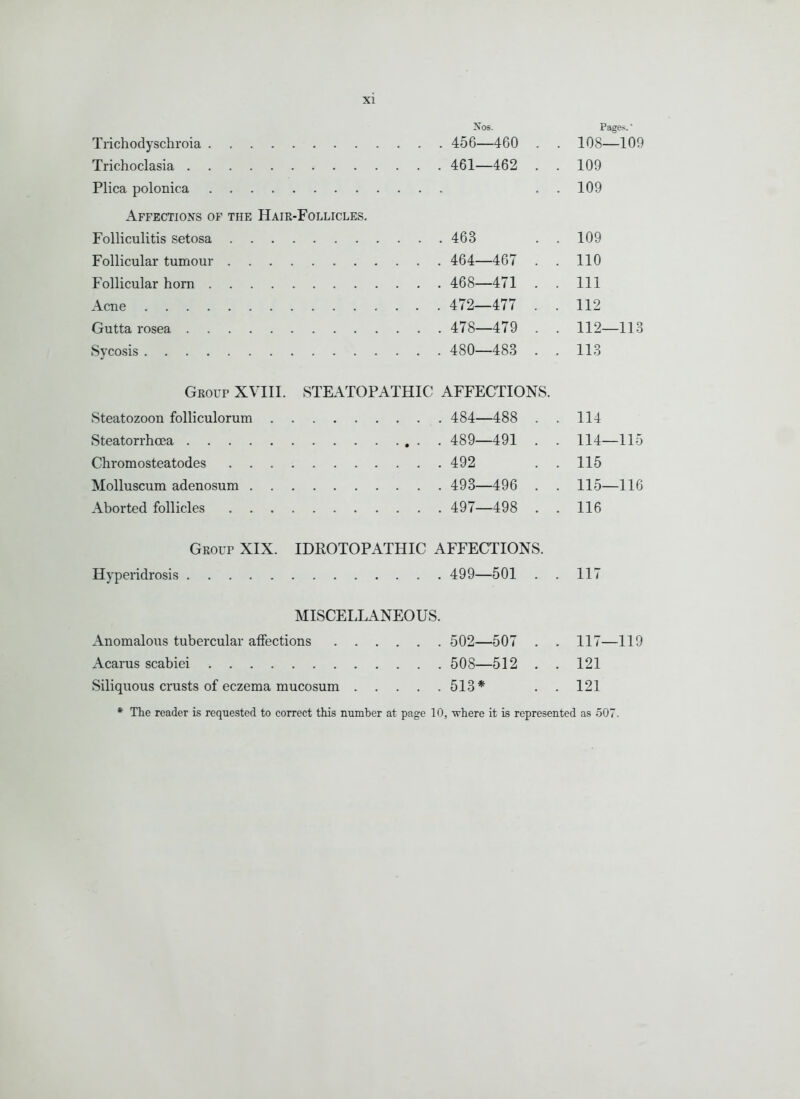 Ivos. Trichodyschroia 456—460 Trichoclasia 461—462 Plica polonica Affections of the Hair-Follicles. Folliculitis setosa 463 Follicular tumour 464—467 Follicular horn 468—471 Acne 472—477 Gutta rosea 478—479 Sycosis 480—483 108—109 109 109 109 110 111 112 112—113 113 Group XVIII. STKITOPATHIC AFFECTIONS. Steatozoon folliculorum 484—488 Steatorrhoea 489—491 Chromosteatodes 492 Molluscum adenosum 493—496 Aborted follicles 497—498 114 114—115 115 115_116 116 Group XIX. IDROTOPATHIC AFFECTIONS. Hyperidrosis 499—501 . 11' MISCELLANEOUS. Anomalous tubercular affections 502—507 Acarus scabiei 508—512 Siliquous crusts of eczema mucosum 513* 117- 121 121 -119 * The reader is requested to correct this number at page 10, where it is represented as 507.