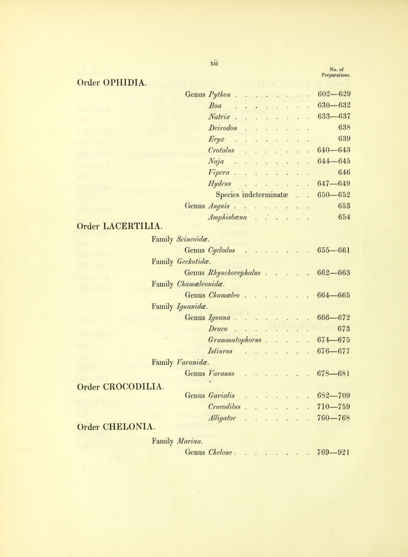 Xll No. of Preparations. Order OPHIDIA. Genus Python 602—629 Boa 630—632 Natrix 633—637 Deirodon 638 Uryx 639 Crotalus 640—643 Naja 644—645 Viper a 646 Hydrus ....... 647—649 Species indeterminate . . 650—652 Genus Anguis 653 Amphisbana ...... 654 Order LACERTILIA. Family Scinco'ida. Genus Cyclodus 655—661 Family Geckotidcs. Genus Bhynchocephahs 662—663 Family Chama,leonid(B. Genus Ckamaleo 664—665 Family Iguanida. Genus Iguana 666—672 Draco . 673 Grammatophorus 674—675 Istiurus 676—677 Family Varanidce. Genus Varanus 678—681 Order CROCODILIA. Genus Gavialis . 682—709 Crocodilus 710—759 Alligator 760—768 Order CHELONIA. Family Marina. Genus Chelone 769—921