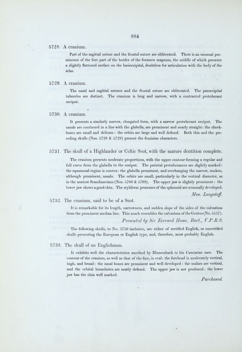 5728. A cranium. Part of the sagittal suture and the frontal suture are obliterated. There is an unusual pro- minence of the fore part of the border of the foramen magnum, the middle of which presents a slightly flattened surface on the basioccipital, doubtless for articulation with the body of the atlas. 5729. A cranium. The nasal and sagittal sutures and the frontal suture are obliterated. The paroccipital tubercles are distinct. The cranium is long and narrow, with a contracted protuberant occiput. 5730. A cranium. It presents a similarly narrow, elongated form, with a narrow protuberant occiput. The nasals are continued in a line with the glabella, are prominent and nearly straight: the cheek- bones are small and delicate : the orbits are large and well defined. Both this and the pre- ceding skulls (Nos. 5728 & 5729) present the feminine characters. 5731. The skull of a Highlander or Celtic Scot, with the mature dentition complete. The cranium presents moderate proportions, with the upper contour forming a regular and full curve from the glabella to the occiput. The parietal protuberances are slightly marked: the squamosal region is convex: the glabella prominent, and overhanging the narrow, sunken, although prominent, nasals. The orbits are small, particularly in the vertical diameter, as in the ancient Scandinavians (Nos. 5708 & 5709). The upper jaw is slightly prominent: the lower jaw shows a good chin. The styliform processes of the sphenoid are unusually developed. Mus. Langstaff. 5732. The cranium, said to be of a Scot. It is remarkable for its length, narrowness, and sudden slope of the sides of the calvarinni from the prominent median line. This much resembles the calvarium of theGentoo(No.5557). Presented by Sir Everard Home, Bart., V.P.B.S. The following skulls, to No. 5750 inclusive, are either of certified English, or uncertified skulls presenting the European or English type, and, therefore, most probably English. 5733. The skull of an Englishman. It exhibits well the characteristics ascribed by Blumenbach to his Caucasian race. The contour of the cranium, as well as that of the face, is oval: the forehead is moderately vertical, high, and broad: the nasal bones are prominent and well developed : the malars are vertical, and the orbital boundaries are neatly defined. The upper jaw is not produced : the lower jaw has the chin well marked. Purchased.