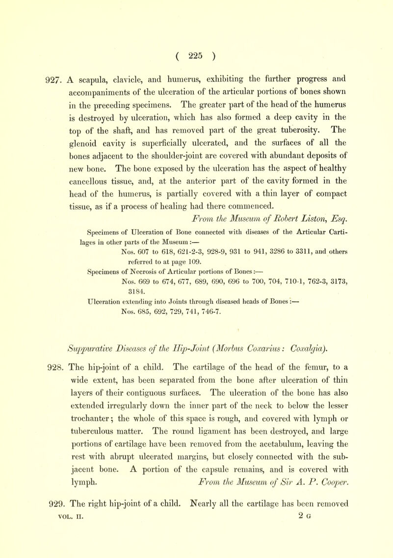 927. A scapula, clavicle, and humerus, exhibiting the further progress and accompaniments of the ulceration of the articular portions of bones shown in the preceding specimens. The greater part of the head of the humerus is destroyed by ulceration, which has also formed a deep cavity in the top of the shaft, and has removed part of the great tuberosity. The glenoid cavity is superficially ulcerated, and the surfaces of all the bones adjacent to the shoulder-joint are covered with abundant deposits of new bone. The bone exposed by the ulceration has the aspect of healthy cancellous tissue, and, at the anterior part of the cavity formed in the head of the humerus, is partially covered with a thin layer of compact tissue, as if a process of healing had there commenced. From the Museum of Robert Liston, Esq. Specimens of Ulceration of Bone connected with diseases of the Articular Carti- lages in other parts of the Museum :— Nos. 607 to 618, 621-2-3, 928-9, 931 to 941, 3286 to 3311, and others referred to at page 109. Specimens of Necrosis of Articular portions of Bones:— Nos. 669 to 674, 677, 689, 690, 696 to 700, 704, 710-1, 762-3, 3173, 3184. Ulceration extending into Joints through diseased heads of Bones :— Nos. 685, 692, 729, 741, 746-7. Suppurative Diseases of the Hip-Joint (Moi^hus Coxarius: Coxalgia). 928. The hip-joint of a child. The cartilage of the head of the femur, to a wide extent, has been separated from the bone after ulceration of thin layers of their contiguous surfaces. The ulceration of the bone has also extended irregularly down the inner part of the neck to below the lesser trochanter; the whole of this space is rough, and covered with lymph or tuberculous matter. The round ligament has been destroyed, and large portions of cartilage have been removed from the acetabulum, leaving the rest with abrupt ulcerated margins, but closely connected with the sub- jacent bone. A portion of the capsule remains, and is covered with lymph. From the Museum of Sir A. P. Cooper. 929. The right hip-joint of a child. Nearly all the cartilage has been removed VOL. II. 2 G