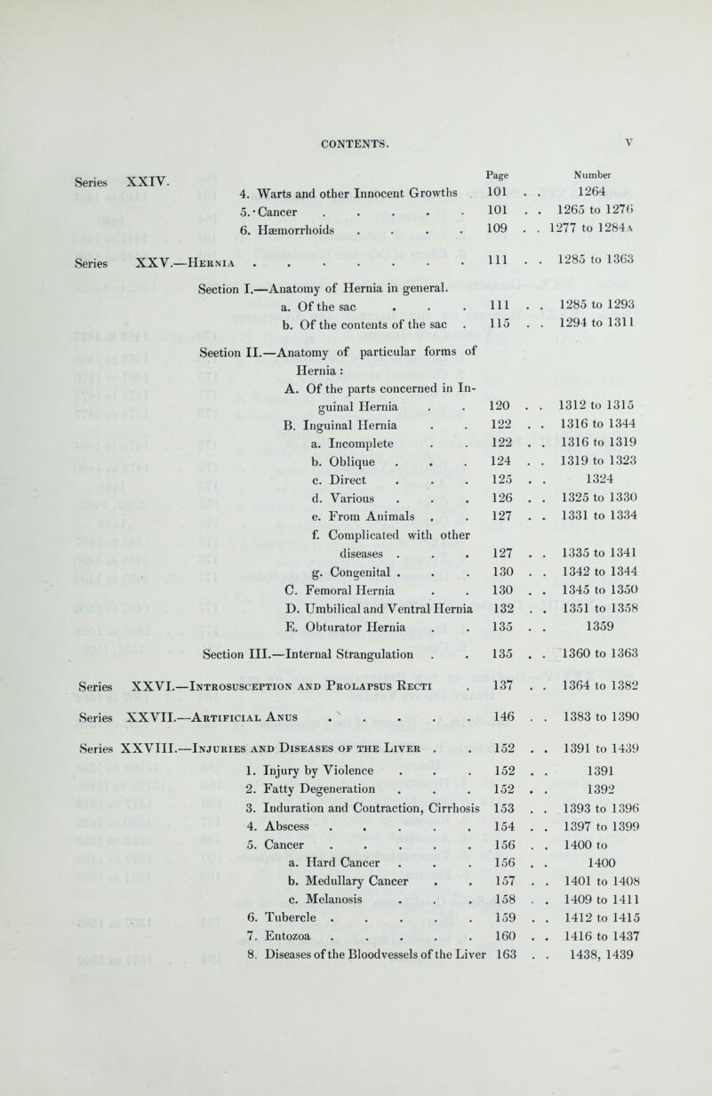 Series XXIV. Series Series XXVI.- Series XXVII.- Series XXVIII.- CONTENTS. V Page Number 4. Warts and other Innocent Growths . 101 . 1264 5. Cancer ..... 101 . . 1265 to 1276 6. Haemorrhoids .... loy iZ 1 1 to 1 /o4A -Hernia ....... 111 1285 to 1363 Section I.—Anatomy of Hernia in general. a. Of the sac HI . . 1285 to 1293 b. Of the contents of the sac 115 . . 1294 to 1311 oeeuon 11.—Anaioiuy oi pdi ticuitii lui lus *ji Hernia : J\., \JL Lllc pdrib CUIH/ClllcU, IIJ XII guinal Hernia . . 120 . . 1312 to 1315 IJ. J.llglilllu.1 I lid • ■ 122 . 1316 to 1344 a. Incomplete 122 . . 1316 to 1319 V» OKIiniip LI* vyiuiiijuv^ • • ■ 124 . . 1319 to 1323 125 . 1324 d. Various 126 . . 1325 to 1330 e. From Animals 127 . . 1331 to 1334 f. Complicated with other diseases . 127 . . 1335 to 1341 g. Congenital . 130 . . 1342 to 1344 C. Femoral Hernia 130 . . 1345 to 1350 D. Umbilical and Ventral Hernia 132 . . 1351 to 1358 Fj. Obturator Hernia 135 . 1359 Section III.—Internal Strangulation 135 . . 1360 to 1363 -Introsusception and Prolapsus Recti 137 . . 1364 to 1382 1 4fi LOGO IK} 10<yyJ -Injuries and Diseases of the Liver , 152 . . 1391 to 1439 1 Tniiirv V)v violpTifP 152 1391 ^ T^a t tv T^po'pTiprii tion 152 ^ InfillTn(ir\ti finri 1 r\ntT*ci/>tirin l^iT*T»nr\oio O* J.1JUU1 cttlLIll dlltl y^KJUH ctL' LIUIJ J \ylL I llUslb 1 oo . , LOZ/O LU 1 OC/U 4. Abscess ..... 154 . 5. Cancer ..... 156 . . 1400 to a. Hard Cancer 156 . 1400 b. Medullary Cancer 157 . 1401 to 1408 c. Melanosis 158 . . 1409 to 1411 6. Tubercle ..... 159 . 1412 to 1415 7. Entozoa ..... 160 . 1416 to 1437