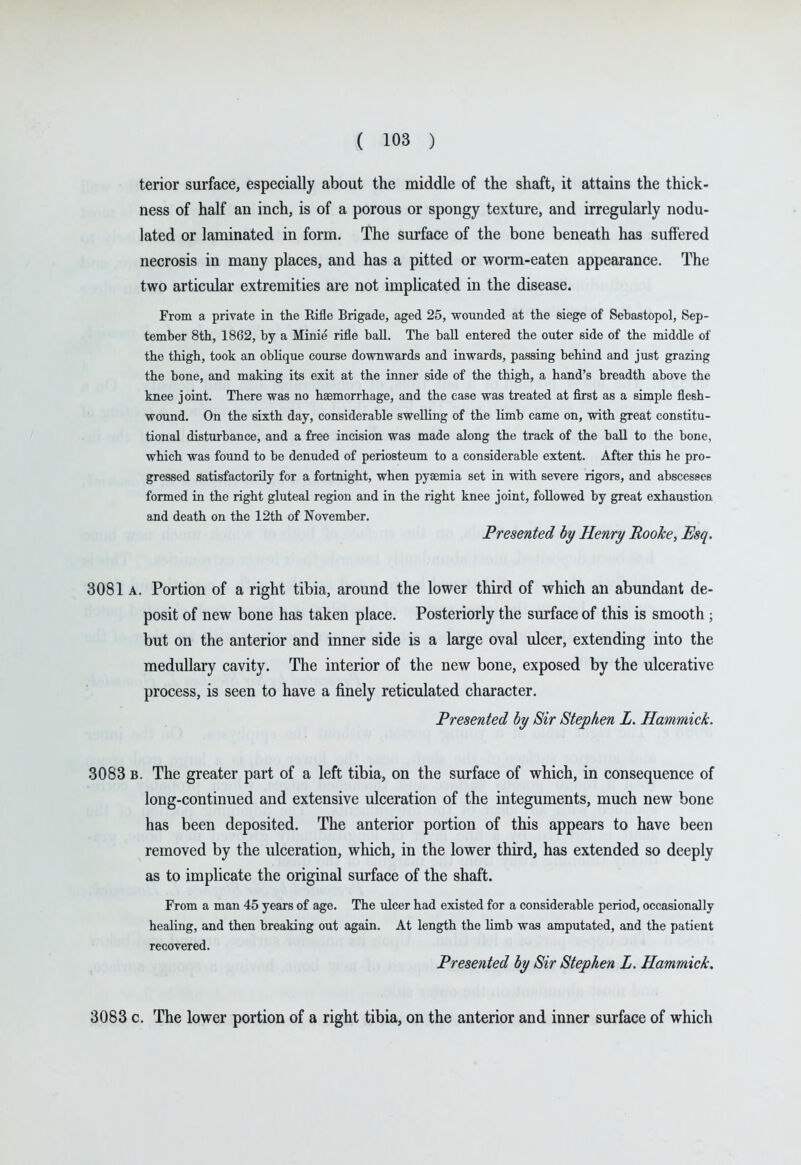 terior surface, especially about the middle of the shaft, it attains the thick- ness of half an inch, is of a porous or spongy texture, and irregularly nodu- lated or laminated in form. The surface of the bone beneath has suffered necrosis in many places, and has a pitted or worm-eaten appearance. The two articular extremities are not impUcated in the disease. From a private in. the Rifle Brigade, aged 25, wounded at the siege of Sebastopol, Sep- tember 8th, 1862, by a Minie rifle ball. The ball entered the outer side of the middle of the thigh, took an oblique course downwards and inwards, passing behind and just grazing the bone, and making its exit at the inner side of the thigh, a hand's breadth above the knee joint. There was no haemorrhage, and the case was treated at first as a simple flesh- wound. On the sixth day, considerable swelling of the limb came on, with great constitu- tional disturbance, and a free incision was made along the track of the ball to the bone, which was found to be denuded of periosteum to a considerable extent. After this he pro- gressed satisfactorily for a fortnight, when pyaemia set in with severe rigors, and abscesses formed ia the right gluteal region and in the right knee joint, followed by great exhaustion, and death on the 12th of November. Presented hy Henry Rooke, Esq. 3081 A. Portion of a right tibia, around the lower third of which an abundant de- posit of new bone has taken place. Posteriorly the surface of this is smooth; but on the anterior and inner side is a large oval ulcer, extending into the medullary cavity. The interior of the new bone, exposed by the ulcerative process, is seen to have a finely reticulated character. Presented by Sir Stephen L. Hammick. 3083 B. The greater part of a left tibia, on the surface of which, in consequence of long-continued and extensive ulceration of the integuments, much new bone has been deposited. The anterior portion of this appears to have been removed by the ulceration, which, in the lower third, has extended so deeply as to implicate the original surface of the shaft. From a man 45 years of age. The ulcer had existed for a considerable period, occasionally healing, and then breaking out again. At length the limb was amputated, and the patient recovered. Presented by Sir Stephen L. Hammick. 3083 c. The lower portion of a right tibia, on the anterior and inner surface of which