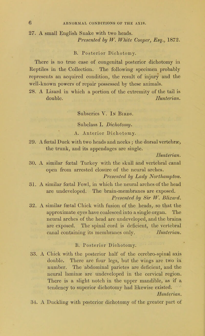 27. A small English Snake with two heads. Presented by W. White Cooper, Esq., 1872. B. Posterior Dichotomy. There is no true case of congenital posterior dichotomy in Reptiles in the Collection. The following specimen probably represents an acquired condition, the result of injury and the well-known powers of repair possessed by these animals. 28. A Lizard in which a portion of the extremity of the tail is double. Hunterian. Subseries V. In Bikds. Subclass I. Dichotomy. A. Anterior Dichotomy. 29. A foetal Duck with two heads and necks; the dorsal vertebrae, the trunk, and its appendages are single. Hunterian. 30. A similar foetal Turkey with the skull and vertebral canal open from arrested closure of the neural arches. Presented by Lady Northampton. 31. A similar foetal Fowl, in which the neural arches of the head are undeveloped. The brain-membranes are exposed. Presented by Sir W. Blizard. 32. A similar foetal Chick with fusion of the heads, so that the approximate eyes have coalesced into a single organ. The neural arches of the head are undeveloped, and the brains are exposed. The spinal cord is deficient, the vertebral canal containing its membranes only. Hunterian. B. Posterior Dichotomy. 33. A Chick with the posterior half of the cerebro-spiiial axis double. There are four legs, but the wings are two in number. The abdominal parietes are deficient, and the neural laminae are undeveloped in the cervical region. There is a slight notch in the upper mandible, as if a tendency to superior dichotomy had likewise existed; Hiuil( Han. 34. A Duckling with posterior dichotomy of the greater part of