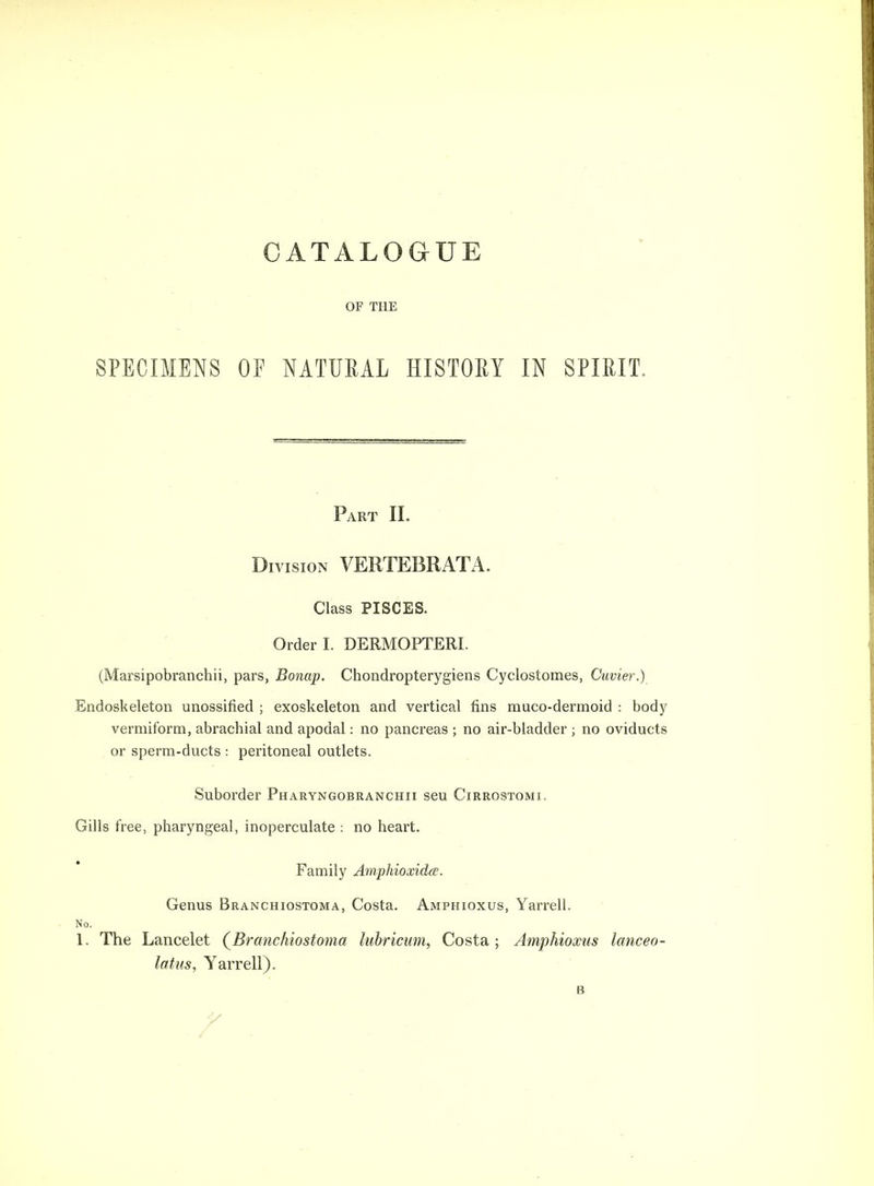 CATALOGUE OF THE SPECIMENS OF NATURAL HISTORY IN SPIRIT, Part II. Division VERTEBRATA. Class PISCES. Order I. DERMOPTERI. (Marsipobranchii, pars, Bonap. Chondropterygiens Cyclostomes, Cuvier.) Endoskeleton unossified ; exoskeleton and vertical fins muco-dermoid : body vermiform, abrachial and apodal: no pancreas ; no air-bladder ; no oviducts or sperm-ducts : peritoneal outlets. Suborder Pharyngobranchii seu Cirrostomi. Gills free, pharyngeal, inoperculate : no heart. Family Amphioxidce. Genus Branchiostoma, Costa. Amphioxus, Yarrell, No. 1. The Lancelet (Branchiostoma lubricum, Costa; Amphioxus lanceo- latus, Yarrell). B