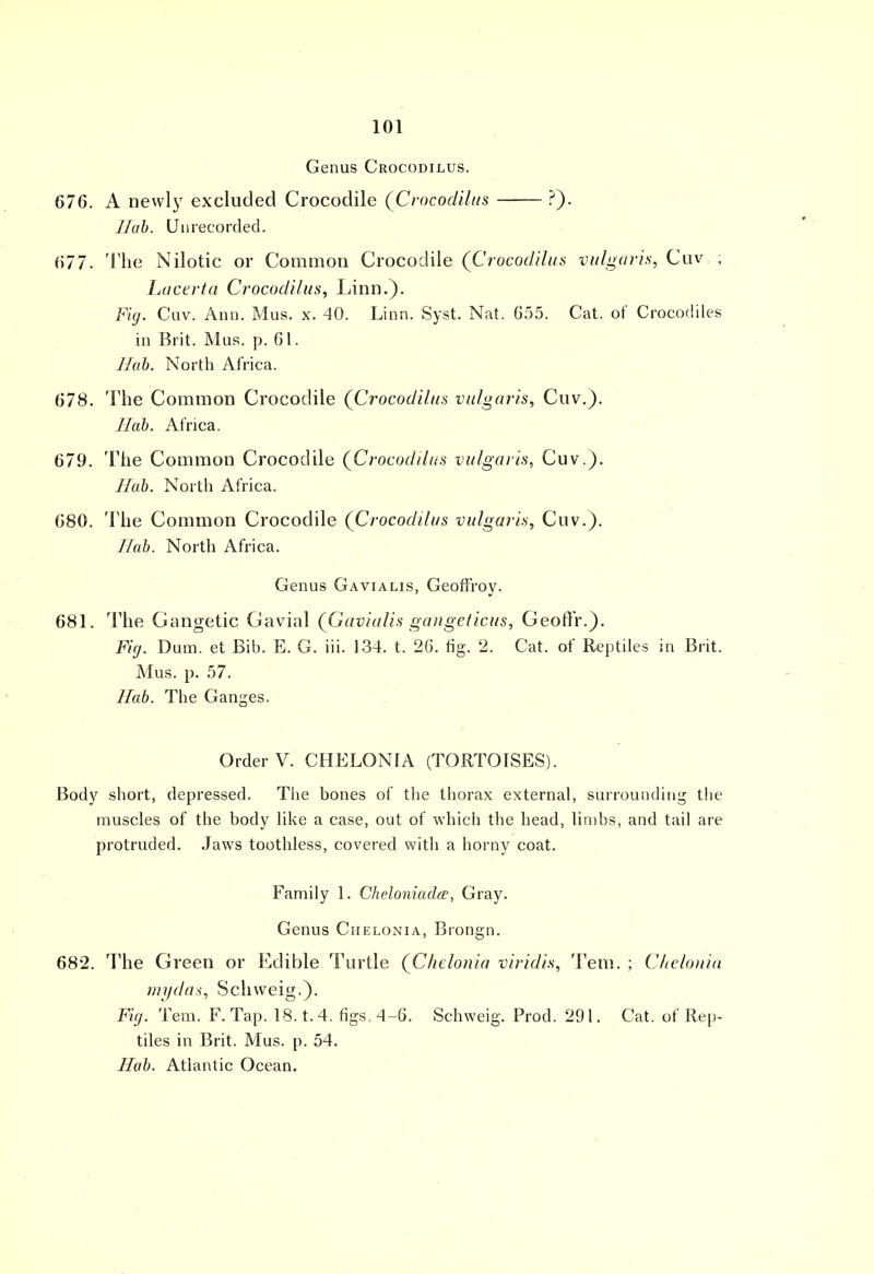 Genus Crocodilus. 676. A newly excluded Crocodile (Crocodilus ?). llab. Unrecorded. 677. The Nilotic or Common Crocodile (Crocodilus vulgaris, Cuv , Lacerta Crocodilus, Linn.). Fig. Cuv. Ann. Mus. x. 40. Linn. Syst. Nat. 655. Cat. of Crocodiles in Brit. Mus. p. 61. Ilab. North Africa. 678. The Common Crocodile (Crocodilus vulgaris, Cuv.). Ilab. Africa. 679. The Common Crocodile (Crocodilus vulgaris, Cuv.). Ilab. North Africa. 680. The Common Crocodile (Crocodilus vulgaris, Cuv.). Ilab. North Africa. Genus Gavialis, Geoffroy. 681. The Gangetic Gavial (Gavialis gangeticus, Geofifr.). Fig. Dum. et Bib. E. G. iii. 134. t. 26. fig. 2. Cat. of Reptiles in Brit. Mus. p. 57. Ilab. The Ganges. Order V. CHELONIA (TORTOISES). Body short, depressed. The bones of tire thorax external, surrounding the muscles of the body like a case, out of which the head, limbs, and tail are protruded. Jaws toothless, covered with a horny coat. Family 1. Cheloniadce, Gray. Genus Chelonia, Brongn. 682. The Green or Edible Turtle (Chelonia viridis, Tern. ; Chelonia my das, Schweig.). Fig. Tern. F. Tap. 18. t. 4. figs. 4-6. Schweig. Prod. 291. Cat. of Rep- tiles in Brit. Mus. p. 54. Hob. Atlantic Ocean.