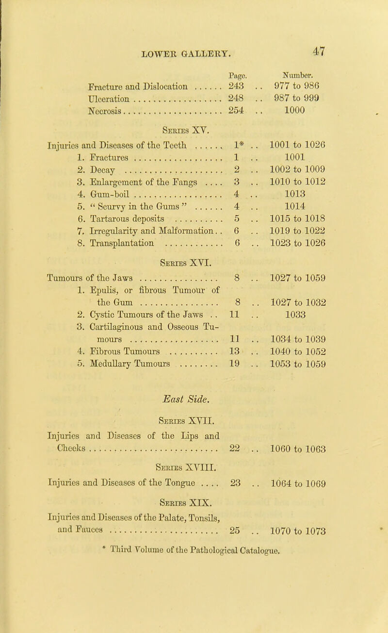 Pago. Numbor. Fracture and Dislocation 243 .. 977 to 986 Ulceration 248 .. 987 to 999 Necrosis 254 1000 Semes XY. Injuries and Diseases of the Teeth 1* . 1001 to 1026 1. Fractures 1 1001 2. Decay 2 . 1002 to 1009 3. Enlargement of the Fangs .. .. 3 . 1010 to 1012 4. Gum-boil 4 1013 5. “ Scurvy in the Gums ” 4 1014 6. Tartarous deposits 5 . 1015 to 1018 7. Irregularity and Malformation. . 6 . 1019 to 1022 8. Transplantation 6 .. 1023 to 1026 Series XYI. Tumours of the Jaws 8 . 1027 to 1059 1. Epulis, or fibrous Tumour of the Gum 8 .. 1027 to 1032 2. Cystic Tumours of the Jaws . . 11 1033 3. Cartilaginous and Osseous Tu- mours 11 .. 1034 to 1039 4. Fibrous Tumours 13 . 1040 to 1052 5. Medullary Tumours 19 . 1053 to 1059 East Side. Series XYII. Injuries and Diseases of the Lips and Cheeks 22 .. 1060 to 1063 Series XVIII. Injuries and Diseases of the Tongue .... 23 .. 1064 to 1069 Series XIX. Injuries and Diseases of the Palate, Tonsils, and Fauces 25 .. 1070 to 1073