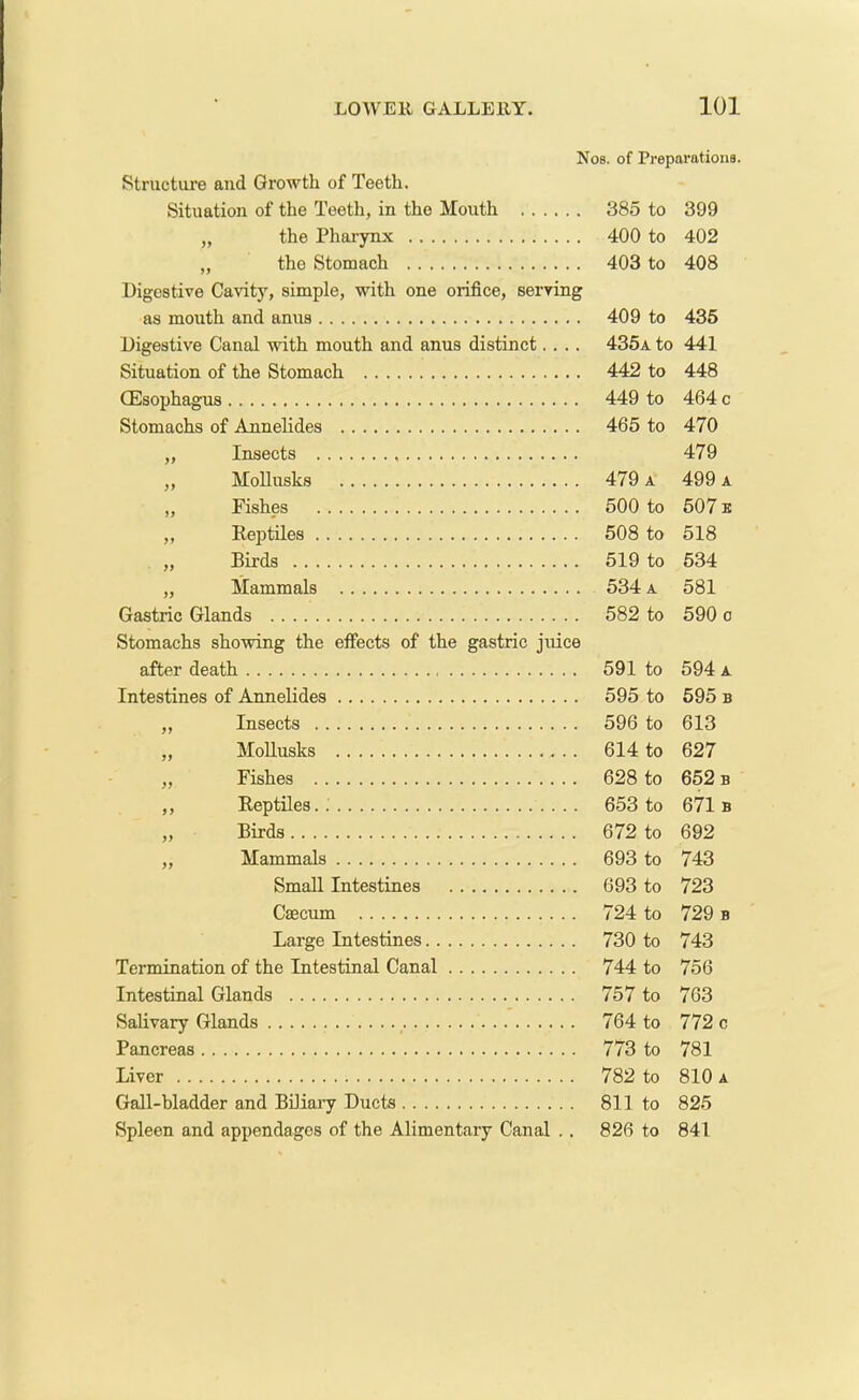 Nos. of Preparations. Structure and Growth of Teeth. Situation of the Teeth, in the Mouth 385 to 399 „ the Pharynx 400 to 402 „ the Stomach 403 to 408 Digestive Cavity, simple, with one orifice, serving as mouth and anus 409 to 435 Digestive Canal with mouth and anus distinct.... 435a to 441 Situation of the Stomach 442 to 448 (Esophagus 449 to 464 c Stomachs of Annelides 465 to 470 ,, Insects 479 „ Mollusks 479 a 499 a „ Fishes 500 to 507 b „ Reptiles 508 to 518 „ Birds 519 to 534 „ Mammals 534 a 581 Gastric Glands 582 to 590 o Stomachs showing the effects of the gastric juice after death 591 to 594 a Intestines of Annelides 595 to 595 b „ Insects 596 to 613 „ Mollusks 614 to 627 ,, Fishes 628 to 652 b ,, Reptiles.. 653 to 671b „ Birds 672 to 692 „ Mammals 693 to 743 Small Intestines 693 to 723 Caecum 724 to 729 b Large Intestines 730 to 743 Termination of the Intestinal Canal 744 to 756 Intestinal Glands 757 to 763 Salivary Glands 764 to 772 c Pancreas 773 to 781 Liver 782 to 810 a Gall-bladder and Biliary Ducts 811 to 825 Spleen and appendages of the Alimentary Canal . . 826 to 841