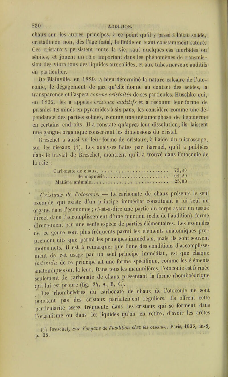 chaux sur les autres principes, [i ce point qu'il y passe à l'état solide, cristallin ou non, dès l'âge fœtal, le fluide en étant constamment saturé. Ces cristaux y persistent toute la vie, sauf quelques cas morbides ou* séniles, et jouent un rôle important dans les phénomènes de transmis- sion des vibrations des licjuides aux solides, et aux tubes nerveux auditifs en particulier. De Blainville, en 1829, a bien déterminé la nature calcaire de l'oto- conie, le dégagement de gaz qu'elle donne au contact des acides, la transparence et l'aspect comme cristallin de ses particules. Huschke qui, en 4832, les a appelés cristaux auditifs et a reconnu leur forme de prismes terminés en pyramides à six pans, les considère comme une dé- pendance des parties solides, comme une métamorphose de l'épiderme eu certains endroits. Il a constaté qu'après leur dissolution, ils laissent une gangue organique conservant les dimensions du cristal. Breschet a aussi vu leur forme de cristaux, h l'aide du microscope, sur les oiseaux (1). Les analyses faites par Barruel, qu'il a puiiliées dans le travail de Breschet, montrent qu'il a trouvé dans l'otoconie de la raie : Carbonate de cluuix 73,80 — de magnésie 01,20 Matière animale 25,00 Cristaux de Votoconie. — Le carbonate de chaux présente le seul exemple qui existe d'un principe immédiat constituant à lui seul un grgane dans l'économie; c'est-à-dire une partie du corps ayant un usage direct dans l'accomphssement d'une fonction (celle de l'audition), formé directement par une seule espèce de parties élémentaires. Les exemples (le ce genre sont plus fréquents parmi les éléments analomiques pro- prement dits que parmi les principes immédiats, mais ils sont souvent moins nets. Il est à remarquer que l'une des conditions d'accomplisse- ment de cet usage par un seul principe immédiat, est que chaque individu de ce principe ait une forme spécifique, comme les éléments analomiques ont la leur. Dans tous les mammifères, l'otoconie est formée seulement de carbonate de chaux présentant la forme rhomboédrique qui lui est propre (fig. 2^1, A, B, C). ■ Les rhomboèdres du carbonate de chaux de l'otoconie ue sont pourtant pas des cristaux parfaitement réguliers. Us offrent celte particulaiité assez fréquente dans les cristaux qui se forment dans l'organisme ou dans les liquides qu'on en retire, d'avoir les arêles (i) Breschet, Sur l'organe de l'audition chez les oiseaux. Paris, 1836, in-8, p. 38.