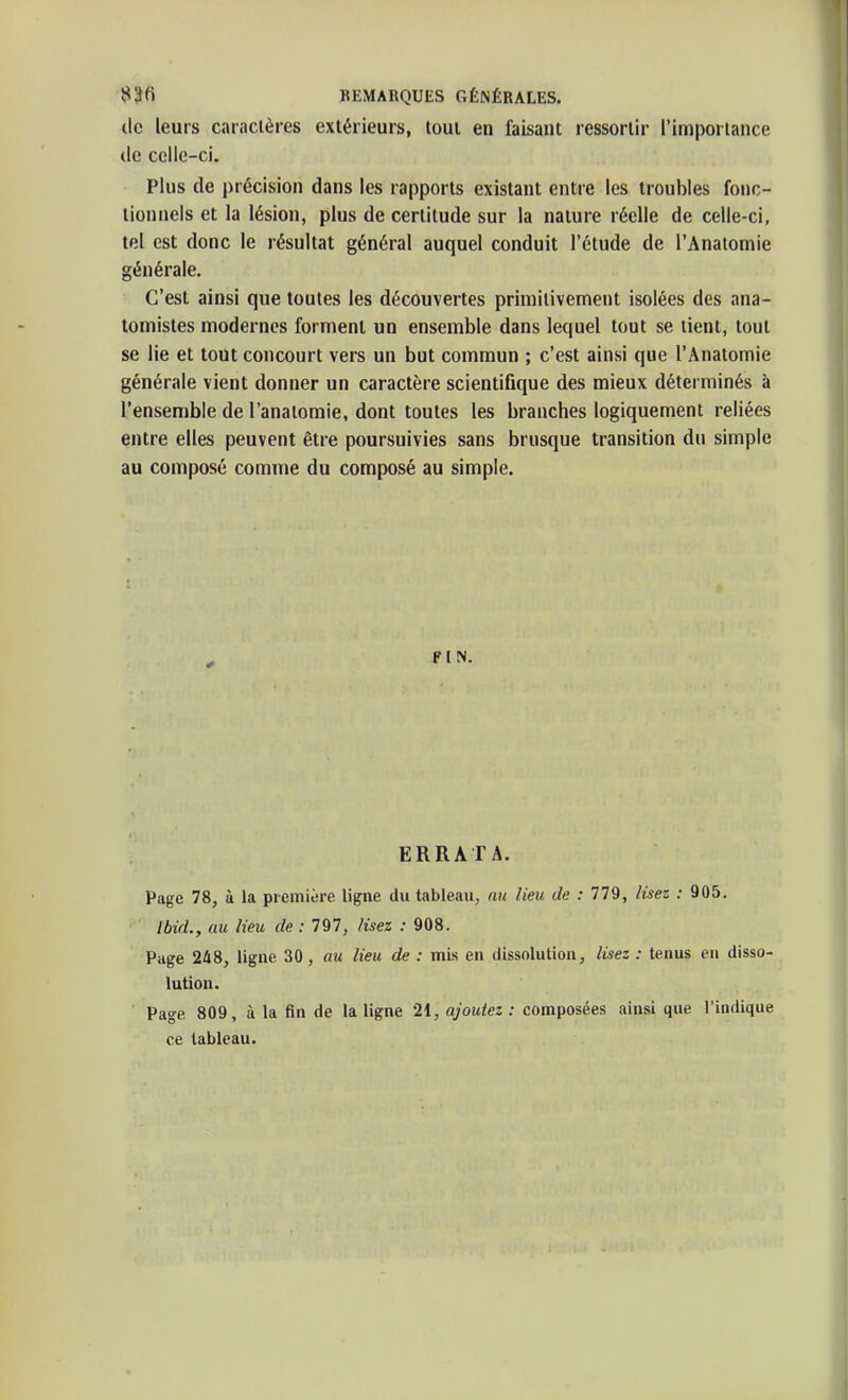 (le leurs caractères extérieurs, tout en faisant ressortir l'importance de celle-ci. Plus (le précision dans les rapports existant entre les troubles fonc- tionnels et la lésion, plus de certitude sur la nature réelle de celle-ci, tel est donc le résultat général auquel conduit l'étude de l'Anatomie générale. C'est ainsi que toutes les découvertes primitivement isolées des ana- tomistes modernes forment un ensemble dans lequel tout se tient, tout se lie et tout concourt vers un but commun ; c'est ainsi que l'Anatomie générale vient donner un caractère scientifique des mieux déterminés à l'ensemble de l'anatomie, dont toutes les branches logiquement reliées entre elles peuvent être poursuivies sans brusque transition du simple au composé comme du composé au simple. FIN. ERRATA. Page 78, à la première ligne du tableau, nu lieu de : 779, lisez : 905. Ibid., au lieu de : 797, lisez : 908. Page 248, ligne 30, au lieu de : mLs en dissolution, lùez : tenus en disso- lution. Page 809, à la fin de la ligne 21, ajoutez : composées ainsi que l'indique ce tableau.