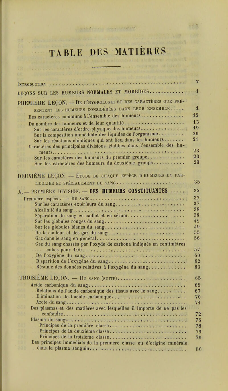 TABLE DES MATIÈRES Introduction • • • ^ LEÇONS SUR LES HUMEURS NORMALES ET MORBIDES I PREMIÈRE LEÇON. — De l'hygrologie et des caractères que pré- sentent LES HUMEURS CONSIDÉRÉES DANS LEUR ENSEMBLE. .... 1 Des caractères communs à l'ensemble des humeurs 12 Du nombre des humeurs et de leur quantité 13 Sur les caractères d'ordre physique des humeurs 19 Sur la composition immédiate des liquides de l'organisme 20 Sur les réactions chimiques qui ont lieu dans les humeurs 21 Caractères des principales divisions établies dans l'ensemble des hu- meurs 2^ Sur les caractères des humeurs du premier groupe 23 Sur les caractères des humeurs du deuxième groupe 29 DEUXIÈME LEÇON. — Étude de chaque espèce d'humeurs en par- ticulier ET spécialement DU SANG 35 A. —PREMIÈRE DIVISION. — DES HUMEURS CONSTITUANTES 35 Première espèce. — Du sang 37 Sur les caractères extérieurs du sang 37 Alcalinité du sang 38 Séparation du sang en caillot et en sérum 38 Sur les globules rouges du sang 41 Sur les globules blancs du sang 49 De la couleur et des gaz du sang 55 Gaz dans le sang en général 56 Gaz du sang chassés par l'oxyde de carbone indiqués en centimètres ■ cubes pour 100.. 57 De l'oxygène du sang 60 Disparition de l'oxygène du sang 62 Résumé des données relatives à l'oxygène du sang 63 TROISIÈME LEÇON. — Du sang (suite) 65 Acide carbonique du sang 65 Relations de l'acide carbonique des tissus avec le sang 67 Élimination de l'acide carbonique 70 Azote du sang 71 Des plasmas et des matières avec lesquelles il importe de ne pas les confondre 72 Plasma du sang 76 Principes de la première classe 78 Principes de la deuxième classe 79 Principes de la troisième classe „ 79 Des principes immédiats de la première classe ou d'origine minérale dans le plasma sanguin 80