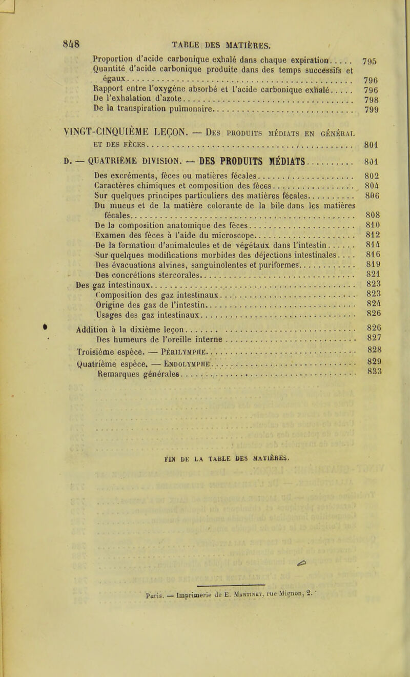 Proportion d'acide carbonique exhalé dans chaque expiration 795 Quantité d'acide carbonique produite dans des temps successifs et égaux 796 Rapport entre l'oxygène absorbé et l'acide carbonique exhalé 796 De l'exhalation d'azote 798 De la transpiration pulmonaire 799 VINGT-CINQUIEME LEÇON. — Des PRODUITS MÉDIATS EN GÉNÉRAL ET DES FÈCES 801 D. — QUATRIÈME DIVISION. — DES PRODUITS MÉDIATS 801 Des excréments, fèces ou matières fécales 802 Caractères chimiques et composition des fèces 804 Sur quelques principes particuliers des matières fécales 806 Du mucus et de la matière colorante de la bile dans les matières fécales 808 De la composition anatomique des fèces. 810 Examen des fèces à l'aide du microscope 812 De la formation d'animalcules et de végétaux dans l'intestin 814 Sur quelques modifications morbides des déjections intestinales. . . . 816 Des évacuations alvines, sanguinolentes etpuriformes 819 Des concrétions stercorales 821 Des gaz intestinaux 823 Composition des gaz intestinaux 823 Origine des gaz de l'intestin 824 Usages des gaz intestinaux 826 Addition à la dixième leçon 826 Des humeurs de l'oreille interne 827 Troisième espèce. — Périlymphe. 828 Quatrième espèce.—Endolymphe. . . 829 Remarques générales tm DK LA TABLE DES MATIÈRES. Paiis. — Imprimerie de E. Martinet, rue Mignon, 2.