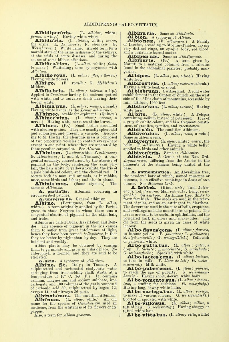 ALBIDIPENNIS - ALBO - VITT ATUS. Albidipen'nis. (L. albidus, white; penna, a wing.) Having white wings. Albidu'ria. (L. albidus, white; urina, the urine. L. Leucuresis; F. albinurie; G. Weissharnen.) White urine. An old term for a morbid state of the urine in disease of the kidneys, at the crisis of acute diseases, and during the course of some bilious affections. Albifica'tion. (L. albus, white ; facio, to make.) Whitening; term synonymous with Albntwn. Albiflo TOUS. (L. albus ; flos, a flower.) Having white flowers. Albi'gO. (F. rouille ; G. Mehlthau) Mildew. Albila'bris. (L. albus ; labrum, a lip.) Applied to Crustacea having the rostrum spotted with white, and to univalve shells having their border white. Albima'nus. (L, albus; manus, ahand.) Having white hands, as the Lemur albimanus. Al'bimec. Arabic for orpiment. (Quincy.) Albiner'vius. (L. albus; nervus, a nerve.) Having white nervures of the leaves. Al'bines. (Fr.) Small bodies associated with aleuron grains. They are usually spheroidal and colourless, and present a vacuole. Accord- ing to M. Hartig, the aleuronic mass is composed of two concentric vesicles in contact everywhere except in one point, where they are separated by these peculiar corpuscles. See Aleuron. Al'binism. (L. albus,vrhite. F. albinisme; G. Albinismus ; I. and S. albinismo.) A con- genital anomaly, characterised by the absence of pigment in the body, rendering the skin very fair, the hair white or yellowish-white, the iris of a pale bluish-red colour, and the choroid red. It occurs both in man and animals, as in rabbits, mice, 6ome birds and fishes; and also in plants. Albinismus. (Same etymon.) The same as Albinism. A. partia'lis. Albinism occurring in circumscribed patches. A. universalis. General albinism. Albi'no. (Portuguese, from L. albus, white.) A term originally applied by the Portu- guese to those Negroes in whom there was a congenital abserfce of pigment in the skin, hair, and hides. Albinos are called Bedas, Kakerlaken and Don- dos. The absence of pigment in the iris causes them to suffer from great intolerance of light, hence they have been termed heliophobes, in that they see better by night than by day. They are indolent and weakly. Albino plants may be obtained by causing them to germinate and grow in a dark place. No chlorophyll is formed, and they are said to be etiolated. A., skin. A synonym of Albinism. Albi'no, St. Italy; in Tuscany. A sulphuretted and carbonated chalybeate water springing from iron-holding chalk strata at a temperature of 15° C. (59° P.) It contains calcium, magnesium, and sodium sulphate, iron carbonate, and 100 volumes of the gas is composed of carbonic acid 39, sulphuretted hydrogen 12, oxygen 14, and nitrogen 36 parts. Albinois'mus. The condition Albinism. Albi num. (L. albus, white.) An old name for the species of Gnaphalium used in medicine, from the whiteness of its flowers or its pappus. Also, a term for Album grcccum. Albinu ria. Same as Albiduria. Al'bion. A synonym of Albino. Albio'nese. (F. albioniens.) A Family of Leeches, according to Moquin-Tandon, having very distinct rings, an opaque body, red blood, and a unilabiate buccal sucker. Albipen'nis. Same as Albidipennis. Albiper'le. (Fr.) A term given by Moretti to a material obtained from a calculus found in the abdominal parietes ; probably mar- garine. Al'bipes. (L. albus; pes, afoot.) Having white feet. Albiros'tris. (L. albus; rostrum, a beak.) Having a white beak or snout. Al'bisbrunn. Switzerland. A cold water establishment in the Canton of Zurich, on the west side of the Albis chain of mountains, accessible by rail; altitude, 1960 feet. Albitar'SUS. (L. albus; tarsus.) Having white tarsi. Al'bite. (L. albus, white.) A Felspar containing sodium instead of potassium. It is of a greyish-white colour, and is a frequent consti- tuent of granites, syenites, and greenstones. Albitu'do. The condition Albinism. Albivenius. (L. albus; vena, a vein.) Same as Albinervius. Albiven'ter. (L. albus, white; venter, the belly. F. albiventre.) Having a white belly; applied to birds and other animals. Albiven'triS. Same as Albiventer. Albiz'zia. A Genus of the Nat. Ord. Leguminosea, differing from the Acacise in the filaments of the stamens being united at the base. A. anthelmin'tica. An Abyssinian tree, the powdered bark of which, named musenna or besenna, is an effective teeniafuge in doses of two ounces. See Musenna bark. A. Leb'bek. (Hind, siris; Tarn, kattu- vagai; Tel. dirisana; Mai. veluvdke ; Beng. siris- gachh.) Sirissa tree. An Indian tree, thirty to forty feet high. The seeds are used in the treat- ment of piles, and as an astringent in diarrhoea. The flowers are used in the cure of boils, eruptions, and swellings, and also as antidotes to poison. The leaves are said to be useful in ophthalmia, and the powdered bark in ulcers and snake-bites. The oil from the seeds is given in cases of white leprosy. Al bo-flaves'cens. (L. albus; flavesco, to become yellow. F. jaundtre; I. giallastro ; S. algd-amarillo ; G. weissgelblich.) Yellowish or yellowish white. Al bo g'Utta'tUS. (L. albus; gutta, a drop. F. tachete ; I. macchiata; S. manchado ; G. weissgcjleckt.) Speckled with white. Al'bo-lactes'cens. (L. albus; lactesco, to turn to milk. F. blanc-de-lait; G. weiss- milchend.) Milk white. Al bo pubes ccns. (L. albus; puhesco, to reach the age of puberty. G. weissflaum- haarig.) Having short, downy, white hairs. Al bo tomeiltO SUS. (L. albus ; tomen- tum, a stuffing for cushions. G. weissfilzig.) Having long, downy white hairs. Al'bo-varieg'a'tUS. (T- albus; variego, to make of various colours. G. weissgescheckt.) Spotted or speckled with white. Al'bo-villo'sus. (L. albus; villus, a tuft of hair. G. weisszottig.) Having shaggy or tufted white hair. Al'bo-Vltta'tUS. (L. albus; vitta, a fillet