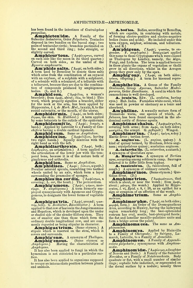 AMPHICTENIDiE—AMPHINOMIDiE. has been found in the intestines of Centrolophus pompilius. Amphicten'idae. A Family of the Suborder Sedentaria, Order Polychceta. Tentacles disposed in two bundles on the buccal ring ; two pairs of tentacular cirrhi; branchiae pectinated on the second and third ring; tube straight, or slightly curved. Amphicur'tOUS. _('A-fifpUvpTos, curved on each side like the moon iu its third quarter.) Curved on both sides, as the umbel of the Equoria amphicurta. Am'phide salts. ('A/i^i, on both sides.) A term used by Berzelius to denote those salts which arise from the combination of an oxyacid with an oxybase, of a sulphide with a sulphuret, of a selenide with a seleniuret, of a telluride with a tellururet, because they are due to the combina- tion of compounds produced by amphigenous bodies. (L. and R.) Amphid'eon. ('AfiipiSsa, a woman's bracelets; from &/x<pi, about; <5eu>, to bind.) This word, which properly signifies a bracelet, either for the neck or the arm, has been applied by Hippocrates, I. i, de Morb. Mul., lxxxiii, 8, to the round extremity, or the mouth, of the uterus. Amphider mis. ('A/j</>/, on both sides; Stpfia, the skin. (jr. Hullhaut.) A term applied by some botanists to the cuticle of the epidermis. Amphidesmit'ic. ('A/u^/; foo^cs, a baud.) Applied by Latreille to a Family of Con- ehifera having a double cardinal ligament. Amphid eum. Same as Amphideon. Amphidex ius. CAp.<piSe^o^, having two right hands.) Equally dextrous with the right hand as with the left. Amphidiarthro sis. ('-V«/><\ both; SiapdpuHris, an articulation.) A term applied to the articulation of the lower jaw with the tem- poral bone, because it is of the nature both of ginglymus and arthrodia. Amphid ion. Same as Amphideon. Am phidiscs. ('A/upi; <Wos, aquoit.) Peculiar asteroid spicula, resembling two toothed wheels united by an axle, which form a layer surrounding the gemmules of sponges. Amphies ma cor'dis. I'A/i^Ucrfid, a covering; L. cor, the heart.) The pericardium. Amphig amous. {'Afitpi; ydpos, mar- riage. F. amphigame.) A term formerly em- ployed synonymously with Agamous and Crypto- gamous, to designate the lower forms of vegetable life. AmphigaS'tria. ('A/W>'>around; yaar- Tnp, belly. G. Beibliitter, Bauchbldtter.) A term applied to that row of leaves in the Jungermanniese and Hepaticse, which is developed upon the under or shaded side of the slender filiform stem. They are of smaller size than those which form the ordinary double longitudinal row, and are com- monly regarded as being stipular in character. Amphigas'trium. (Same etymon.) A stipule which is inserted on the stem, which it covers and surrounds. Amphiff enae. A synonym of Thallogen. Amphigenous. (Same etymon as Amphigens.) Having the characteristics of Amphigens. It has also been applied to fungi in which the hymenium is not restricted to a particular sur- face. It has also been applied to organisms supposed to occupy an intermediate position between plants and animals. - I A. bodies. Bodies, according to Berzelius, which are capable, in combining with metals, of forming electro-positive and electro-negative bodies (bases and acids). He included under this term oxygen, sulphur, selenium, and tellurium. (L. and R.) Am phigens. ('A/i<£i'; ytvvau, to en- gender. F. amphigene.) Brongniart applied this name to those Cryptogams whirh were classed as Thallogens by Lindley, namely, the Alga;, Fungi, and Lichens. The term is applied because in these plants the organs of vegetation or thalii grow in all directions, whilst in the Acrogen group they grow only by the apex. Amphig'Ony. ('A/«£i, on both sides; yowos, offspring.) A term for bisexual repro- duction. Amphihc lia. A Genus of the Family Oeuliniace, Group Aporosa, Suborder Madre- poraria, Order Zoanthasia. A coral in which the eoenenchyma is well developed. A. ocula'ta, Edw. (L. oculatus, having eyes.) Hab. India. Furnishes white coral, which was used in powder or electuary as a tonic and absorbent. Am'philine. A sexually mature form of Trematode worm, one species of which, A. foliacea, has been found encapsuled in the ab- dominal cavity of Scicena aquita. Amphimas chalus. ('A^t/uao-xaXos, covering both arms ; from afi<pi, on both sides ; fiacryaXri, the armpit. G. gejiiigelt.) Winged. Amphimer ina. ('A/u<jht; hp-ipa,aday.) Hectic fever ; tertian fever. A. angino'sa. (L. angina, quinsy.) A kind of quinsy termed, by Huxham, febris angi- nosa; erysipelatous quinsy; scarlatina anginosa. A. catarrha lis. (L. catarrhus, a catarrh.) A synonym of Quotidian ague. A. Hungar'ica. A synonym of Tertian ague, occurring among soldiers in camp. Sauvages believed it to differ little from typhus. A. tussiculo'sa. (L. tussiculosus, full of cough.) A synonym of ordinary catarrh. Amphimer illOS. (Same etymon.) Quo- tidian fever. (D.) Amphime trion. ('A^i/^xpios, that which is about, or near the womb ; from ap.cpl, about; /xv-rpa, the womb.) Applied by Hippo- crates, I. vi, Epid. s. 8, t. 38, as an epithet for a sign or symptom of an affection of the womb. Amphime'trium. Same as Amphi- metrion. Amphimor'phae. (' A/^i, on both sides; fiop<pri, form.) An Order of the Desmognathous Aves, according to Huxley, having the lachrymal region remarkably long; the basi-sphenoidal rostrum has oval, sessile, basi-pterygoid facets; the flat and lamellar maxillo-palatines unite and form a bridge across the palate. Amphinoma'cea. The same as Am- phinomince. Amphinom'ea. Applied by Blainville to a Family of Chetopoda; by Savigny, La- marck, Latreille, to a Family of Annelides. Amphinomeae. A Family of Appendi- culata polychceta ; synonymous with Amphino- midce. Amphinom idae. ('A^iVo^adaughter of Nereus and Doris.) A Family of the Suborder Nereidem, or a Family of Nolobranchiata. Body quadrate or flat, with a small number of similar rings; cephalic tube indistinct, or represented on the dorsal surface by a nodule; usually three