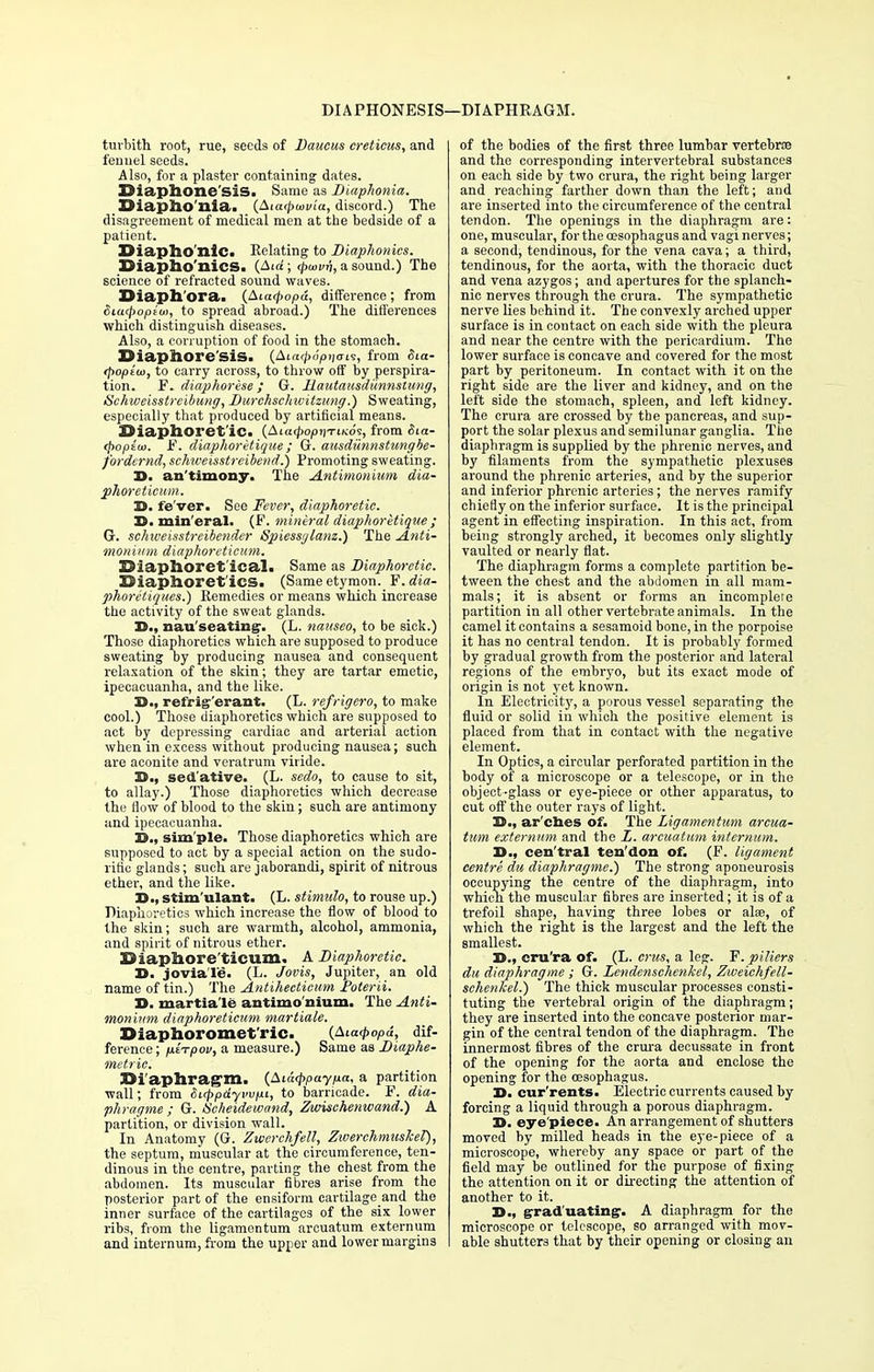 DIAPHONESIS—DIAPHRAGM. tuvbith root, rue, seeds of Daucus creticus, and fennel seeds. Also, for a plaster containing dates. XJiaplione Sis. Same as Diaphonia. Diapho'nia. (Atcupwvia, discord.) The disagreement of medical men at the bedside of a patient. Siapho'nic* Relating to Diaphonics. SJiapfoo'xiics. (Aid; (poovri, a sound.) The science of refracted sound waves. Biaphora. (Aicufropd, difference; from Siacpopiui, to spread abroad.) The differences which distinguish diseases. Also, a corruption of food in the stomach. XMaphore'siS. (Aiarpopiiais, from <5toc- (popiw, to carry across, to throw off by perspira- tion. F. diaphorese ; G. Hautausdiinnstung, Schweisstreibung, Durchschxvitzung.) Sweating, especially that produced by artificial means. diaphoret ic- (Aia<popi)Tin6<z, from Sia- (popito. F. diaphoretique ; G. ausdiinnstungbe- fordernd, schweisstreibend.) Promoting sweating. D. an'timony. The Antimonium dia- phoreticum. S. fe'ver. See Fever, diaphoretic. D. min'eral. (F. mineral diaphoretique ; G. schweisstreibender Spiessglanz.) The Anti- monium diaphoreticum. IDiaplloret'ical. Same as Diaphoretic. XHaplloret'icS. (Same etymon. F.dia- phoretiques.) Remedies or means which increase the activity of the sweat glands. D., nauseating-. (L. nauseo, to be sick.) Those diaphoretics which are supposed to produce sweating by producing nausea and consequent relaxation of the skin; they are tartar emetic, ipecacuanha, and the like. S., refrigerant. (L. refrigero, to make cool.) Those diaphoretics which are supposed to act by depressing cardiac and arterial action when in excess without producing nausea; such are aconite and veratrum viride. H., sed'ative. (L. sedo, to cause to sit, to allay.) Those diaphoretics which decrease the flow of blood to the skin; such are antimony and ipecacuanha. B>., simple. Those diaphoretics which are supposed to act by a special action on the sudo- rific glands; such are jaborandi, spirit of nitrous ether, and the like. stim'ulant. (L. stimulo, to rouse up.) Diaphoretics which increase the flow of blood to the skin; such are warmth, alcohol, ammonia, and spirit of nitrous ether. Diaphoreticum. A Diaphoretic. D. joviale. (L. Jovis, Jupiter, an old name of tin.) The Antihecticum Foterii. H. martia l© antimo nium. The Anti- monium diaphoreticum martiale. Diaphoromet'ric. {Aicupopd, dif- ference; fxzTpov, a measure.) Same as Diaphe- metric. ^Diaphragm. (Aid<ppayp.a, a partition wall; from Stcppdyvvfrn, to barricade. F. dia- phragme ; G. tScheidewand, Zwischenwand.) A partition, or division wall. In Anatomy (G. Zwerchfell, ZwerchmusJceT), the septum, muscular at the circumference, ten- dinous in the centre, parting the chest from the abdomen. Its muscular fibres arise from the posterior part of the ensiform cartilage and the inner surface of the cartilages of the six lower ribs, from the ligamentum arcuatum externum and internum, from the upper and lower margins of the bodies of the first three lumbar vertebra and the corresponding intervertebral substances on each side by two crura, the right being larger and reaching farther down than the left; and are inserted into the circumference of the central tendon. The openings in the diaphragm are: one, muscular, for the oesophagus and vagi nerves; a second, tendinous, for the vena cava; a third, tendinous, for the aorta, with the thoracic duct and vena azygos; and apertures for the splanch- nic nerves through the crura. The sympathetic nerve lies behind it. The convexly arched upper surface is in contact on each side with the pleura and near the centre with the pericardium. The lower surface is concave and covered for the most part by peritoneum. In contact with it on the right side are the liver and kidney, and on the left side the stomach, spleen, and left kidney. The crura are crossed by the pancreas, and sup- port the solar plexus and semilunar ganglia. The diaphragm is supplied by the phrenic nerves, and by filaments from the sympathetic plexuses around the phrenic arteries, and by the superior and inferior phrenic arteries; the nerves ramify chiefly on the inferior surface. It is the principal agent in effecting inspiration. In this act, from being strongly arched, it becomes only slightly vaulted or nearly flat. The diaphragm forms a complete partition be- tween the chest and the abdomen in all mam- mals; it is absent or forms an incomplete partition in all other vertebrate animals. In the camel it contains a sesamoid bone, in the porpoise it has no central tendon. It is probably formed by gradual growth from the posterior and lateral regions of the embryo, but its exact mode of origin is not yet known. In Electricity, a porous vessel separating the fluid or solid in which the positive element is placed from that in contact with the negative element. In Optics, a circular perforated partition in the body of a microscope or a telescope, or in the object-glass or eye-piece or other apparatus, to cut off the outer rays of light. 3)., arches of. The Ligamentum arcua- tum externum and the Z. arcuatum internum. DM cen'tral ten'don of. (F. ligament centre du diaphragme.) The strong aponeurosis occupying the centre of the diaphragm, into which the muscular fibres are inserted; it is of a trefoil shape, having three lobes or alee, of which the right is the largest and the left the smallest. D., cru'ra of. (L. cms, a leg. F. piliers du diaphragme ; G. Lendenschenkel, Zweichfell- schenkel.) The thick muscular processes consti- tuting the vertebral origin of the diaphragm; they are inserted into the concave posterior mar- gin of the central tendon of the diaphragm. The innermost fibres of the crura decussate in front of the opening for the aorta and enclose the opening for the oesophagus. D. cur'rents. Electric currents caused by forcing a liquid through a porous diaphragm. 3>. eye'piece. An arrangement of shutters moved by milled heads in the eye-piece of a microscope, whereby any space or part of the field may be outlined for the purpose of fixing the attention on it or directing the attention of another to it. D., graduating1. A diaphragm for the microscope or telescope, so arranged with mov- able shutters that by their opening or closing an