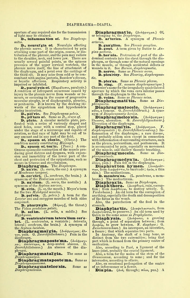 DIAPHRAGMA—DIAPIA. aperture of any required size for the transmission of light may be obtained. inflamma tion of. See Diaphrag- mitis. IS., neuralgia of. Neuralgia affecting the phrenic nerve. It is characterised by pain attacking some part of the origin, course, or dis- tribution of the phrenic, and the pain may radiate to the shoulder, neck, and lower jaw. There are usually several painful points, as the spinous processes of the upper cervical vertebrse, the phrenic nerve itself, the line of attachment of the diaphragm, and a point over the cartilage of the third rib. It may arise from cold or be con- comitant with angina pectoris, Basedow's disease, or hepatic affections. Eespiratory activity is impaired or inhibited. D., paralysis of. (Tlapd\vo-i<;, paralysis.) A condition of infrequent occurrence caused by injury to the phrenic nerve from wounds or tu- mours, or occurring in the course of progressive muscular atrophy, or of diaphragmitis, pleurisy, or peritonitis. It is known by the drawing in- wards of the epigastrium and hypochondria during inspiration. IS., pel'vic. See Diaphragma pelvis. TS., pillars of. Same as D., crura of. 3>. plate. A circular metallic plate, per- forated with a series of variously shaped and sized holes, some with a central stop, placed under the stage of a microscope and capable of rotation, so that rays of light may be cut off to any amount and in any part of the field. 3>., spasm of, clon'ic. {Clonic.) The condition mainly constituting Hiccough. IS., spasm of, ton'ic- {Tonic.) A con- tinuous spasmodic contraction of the muscle pro- ducing great distress and dyspnoea, with expan- sion and immobility of the lower part of the chest and protrusion of the epigastrium, such as occurs in tetanus and strychninism. DiapSirag'sna. The Diaphragm. IS. au'ris. (L. auris, the ear.) A synonym of Membrana tympani. D. cer'ebri. (L. cerebrum, the brain.) A synonym of the Tentorium eerebelli. X>. na'rium. (L. naris, the nostrils.) A synonym of the Septum narium. IS. o'ris. (L. os, the mouth.) Meyer's term for the two Mylohyoid muscles. IS. pel'vis. (L. pelvis.) A term for the Levator ani and coccygeus muscles of both sides conjoined. IS. pbaryn'gris. ($apuy£t the throat.) The Velum pendulum palati. IS. seilee. (L. sella, a saddle.) See Syphyseos. IS. ventriculo'rum latera'lium cer'e - bri. (L. ventriculus, a ventricle; lateralis, lateral; cerebrum, the brain.) A synonym of the Septum lucidum. Diaphrag'mal'g'ia. (Ai&<ppayp.a; &\- •yos, pain. G. Zwerchfellschmerz.) Pain in the diaphragm. Siaphragmaposte'ina. (Aidcppay- H<t; iirovTripa, a deep-seated abscess. G. Zwerchfcllabscess.) An abscess of the dia- phragm. Diaphrag-matal'g-ia. The same as Diaphragmalgia. Siaphragmatapostema. Same as Diaphragmaposiema. Siaphragmatelco'sis. Same as Diaphragmelcosis. XMaphrag-mat'ic. (Aid^paypa.) Of, or belonging to, the Diaphragm. IS. ar'teries. A synonym of Phrenic arteries. D. gan'glion. See Phrenic ganglion. IS. grout. A term given by Butter to An- gina pectoris. IS. her'nia. Protrusion of part of the ab- dominal contents into the chest through the dia- phragm, or through some of the natural openings in the muscle, or through accidental defects or wounds in it. See Hernia, diaphragmatic. TS. nerve. Same as Phrenic nerve. B. pleu'risy. See Pleurisy, diaphragma- tic. 3>. plex'us. Same as Phrenic plexus. TS. ring:. (F. anneau diaphragmatique.) Chaussier's name for the irregularly quadrilateral aperture by which the vena cava inferior passes through the diaphragm to the heart. U. veins. Same as Phrenic veins. Xdiaphragmati'tis. Same as Dia- phragmitis. SiapBirag-'matoeele. (Aidcppayp-a; K»j\r;, a tumour. G. Zwcrchfellbruch.) A syno- nym of Diaphragmatic hernia. XHaphrag-melco'sis. (Aid<pPayp.a; E\K(o<ri<s, ulceration. G. Ziverchfcllgcschwiir.) Ulceration of the diaphragm. Oiaphrag-mi'tis. (Aidtppaypa. F. diaphragmatite ; G. Ziverchfellentzundung.) In- flammation of the diaphragm ; a rare disease, and probably seldom seen except in connection with inflammation of surrounding structures, such as the pleura, pericardium, and peritoneum. It is accompanied by pain, especially on movement of the muscle, and shallow thoracic breathing. iSiaphrag' niocelc. Same as Dia- phragmatocele. ©iaphrag'modyn'ia. _ (AiaQpaypa; ooui/ij, pain.) Pain felt in the diaphragm. Eiaphratton. hy men. (Aia^poT- twv, from 8ia<ppaTTw, to barricade; v/u'w, a thin skin.) The mediastinum. TS. membra na. (L. membrana, a mem- brane.) The mediastinum. Diaphrax'iS. Same as Diaphragm. Diaph'tliora. {Aiacj>6opd, ruin, corrup- tion ; from Sia<pdtipa>, to destroy utterly. G. Verderbniss.) An old term for the corruption of anything, especially the death and decomposition of the foetus in the womb. Also, the putrefaction of the food in the stomach. Siapliylac'tic. {Aia<pv\aKTiKo^, from Siarpvkao-cru), to preserve.) An old term used by Galen in the same sense as Prophylactic. IMapSl'ysiS. (Aiaipucris, a growing through, a point of separation between; from Sia<j)vu>, to grow between. F. diaphyse; G. Zwischenwachsen.) An interspace, an interstice, a fissure ; that which separates two parts. In Anatomy, the shaft of a long bone, as distinct from the two extremities; being that part which is formed from the primary centre of ossification. Also, according to Pare, a ligament of the knee-joint, probably the crucial ligament. Also, a term for the nodes of the stem of the Oraminacece, according to some; and for tho internodes, according to others. Also, an occasional prolongation of the centre of an inflorescence or a flower. IPia'paa. (.Aid, through; ttvov, pus.) A