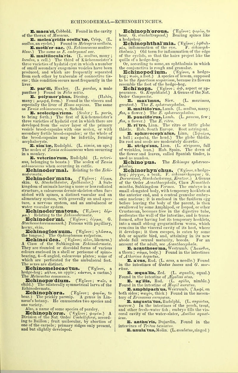 ECHINODERMAL—ECHINORHYNCHUS. E. maca'ci, Cobbold. Found in the cavity of the thorax of Macacus. E. melea'gridis ocella'tse, Crisp. (L. ocellus, an eyelet.) Found in Meleagris ocellata. E. motb'er-sac. (G. Echinococcus mutter- blase.) The same as E. embryonal sac. E. multilocula'ris. (L. multus, many ; loculus, a cell.) The third of Kiichenmeister's three varieties of hydatid cyst in which a number of small secondary exogenous vesicles have been produced, and which are frequently separated from each other by trabecule of connective tis- sue ; this condition occurs most frequently in the liver. E. par'di, Huxley. (L. pardus, a male panther.) Found in Felis mitis. E. polymor'pbus, Diesing. (IToXvs, many ; p.optptj, form.) Found in the viscera and especially the liver of Homo sapiens. The same as Taenia echinococcus, v. Siebold. E. scolecipa'riens. {Scolex; L. pario, to bring forth.) The first of Kiichenmeister's three varieties of hydatid cyst in which there are developed from the outer layer of the primary vesicle brood-capsules with one scolex, or with secondary fertile brood-capsules ; or the whole of the brood-capsules may be infertile, forming acephalocysts. E. sim'iae, Rudolphi. (L. simia, an ape.) The scolex of Tcenia echinococcus when occurring in a monkey. E. veterino'rum, Rudolphi (L. veteri- nus, belonging to beasts.) The scolex of Tcenia echinococcus when occurring in cattle. Ecllinoder mal. Relating to the Echi- nodermata. Echinoder'mata. ('Exivos; Slpp-a, skin. G. Stachelhauter, Igelhauter.) A Sub- kingdom of animals having a more or less radiated structure, a calcareous dermic skeleton often fur- nished with spines, a distinct vascular and an alimentary system, with generally an anal aper- ture, a nervous system, and an ambulacral or water-vascular system. Echinoder'matous. ('ExTvos; Slp- )ia.) Relating to the Echinodermata. Elciiinoder'mi. ('ExTvos; Sip/xa. G. Stachenschiveinmensch.) Persons with papillary, horny, skin. EchinOglOSSUm. ('Extras; yXuxraa, the tongue.) The OpMoglossum vulgatum. EcHiinoi'dea. ('iixlfos; dSo^, likeness.) A Class of the Subkingdom Echinodermata. They are rounded or discoidal forms of various colours enclosed in a shell or perisome of spine- bearing, 4—6 angled, calcareous plates; some of which are perforated for the ambulacral feet. The sexes are distinct. Echinomelocac tus. ('Extras, a hedge-hog; p.fiXov, an apple; koictos, a cactus.) The Melocactus communis. Echinopse'dium. ('Extras; irats, a child.) The bilaterally symmetrical larva of the Echinodermata. Echinoph'ora. ('Ex? ras; (poptui, to bear.) The prickly parsnip. A genus in Lin- naeus's botany. He enumerates two species and one variety. Also, a name of some species of parsley. Echinoph oi'bg. ('lix'-os; <popiw.) A Division of the Nat. Order Umbellifcra, accord- ing to Baillon; fruit unilocular, by abortion of one of the carpels ; primary ridges only present, and but slightly developed. Echinoph'orous. ('Extras; <f>opiu>, to bear. G. stachcltragend.) Bearing spines like a hedgehog. Ecliinophthal'mia. ('Extras; 6<pdaX- fiia, inflammation of the eye. F. e'ehinoph- thalmie.) Old term for inflammation of the edge of the eyelids, so that the hairs project like the quills of a hedge-hog. Or, according to some, an ophthalmia in which the conj unctiva is rough and granular. Echinopod'ium. ('Extras, a hedge- hog ; ttous, a foot.) A species of broom, supposed to be the Spartium scoparium, because its flowers resemble the foot of the hedge-hog. Echi'nops. ('Extras ; w\}f, aspect or ap- pearance. G. Kugeldistel.) A Genus of the Nat. Order Compositce. E. max'imus, Siev. (L. maximus, greatest.) The E. sphcerocephalus. E. multiflo'rus, Lamb. (L. multus, many; flos, a flower.) The E. sphmrocephalus. E. pauciflo rus, Lamb. (L. paucus, few ; flos, a flower.) The E. ritro. E. ri'tro, Linn. The ritro or little globe thistle. Hab. South Europe. Root astringent. E. spbserocepb'alus, Linn. {~2.<puipa, a ball; KetpaXi'i, the head.) The globe thistle. Its root and seeds are moderately diuretic. E. strigo'sus, Linn. (L. strigosus, full of wrinkles, lean.) Hab. Spain. The down of the flower and leaves, called Spanish tinder, is used as amadou. Ecllino'puS. The Echinops sphceroce- phalus. Echinorhynchus. C'Ex^os, a hedge- hog; puyxo9i a beak. F. echiuorrhi/nque; G. Dornriissei, Stachelschwang, Kratzcr.) A Genus of the Order Aeanthoeephala, Class Nemathcl- mintha, Subkingdom Vermes. The embryo is a small elongated body, with temporary hooklets at the anterior end, and a central granular embry- onic nucleus ; it is enclosed in the fusiform egg before leaving the body of the parent, is then swallowed by some Amphipod, or Isopod, or other Crustacean, becomes free in the digestive tube, perforates the wall of the intestine, and is trans- formed, after having lost its temporary hooklets, into a small oblong gregariniform worm, which remains in the visceral cavity of its host, where it develops; it then escapes, is eaten by some fish or aquatic bird, and, attaining in its new abode full sexual maturity, breeds. For an account of the adult, see Aeanthoeephala. E. acantboso'ma, Westrumb. (AkcivOos, a thorn ; crwp.a, body.) Found in the intestines of Atherina hepsetus. E. a'cus, Rud. (L. acus, a needle.) Found in the intestines of Gadus luscus and G. mor- rhua. E. sequa'Ms, Zed. (L. ccqualis, equal.) Found in the intestine of JEgolius otus. E. agr'ilis, Rud. (L. agilis, nimble.) Found in the intestine of M/igil auratus. E. ampbipach'us, Westrumb. ('ApupL, on both sides; irax?, thick.) Found in the mesen- tery of Erinaceus europceus. E. angusta'tus, Rudolphi. (L. angustus, narrow.) In the intestines of the perch, trout, and other fresh-water fish ; embryo fills the vis- ceral cavity of the water-slater, Asellus aquat- ions. E. antbu'ris, Dujardin. Found in the intestines of Triton tceniatus. E.anula'tus.Moliu. (L.anulattis,ringed.)