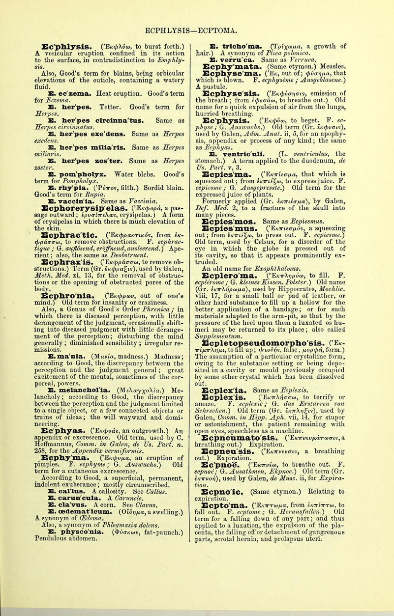 ECPHLYSIS ECPTOMA. Ec'phlysis. ('Ek^Xvw, to burst forth.) A vesicular eruption confined in its action to the surface, in contradistinction to Emphly- sis. Also, Good's term for blains, being orbicular elevations of the cuticle, containing a watery fluid. E. ec'zema. Heat eruption. Good's term for Eczema. E. herpes. Tetter. Good's term for Herpes. E. ber'pes circinna'tus. Same as Herpes eircinnatus. E. ber'pes exe'dens. Same as Herpes exedens. E. ber'pes milia'ris. Same as Herpes miliaris. E. ber'pes zos'ter. Same as Herpes zoster. E. pom'pbolyx. Water blebs. Good's term for Pompholyx. E. rhy'pia. ('Puiros, filth.) Sordid blain. Good's term for Rupia. E. vaccin ia. Same as Vaccinia. Ecphorerysip elas. ('Eor^opa, a pas- sage outward ; ipvcrLirtXa^, erysipelas.) A form of erysipelas in which there is much elevation of the skin. Ecphrac'tic. ('EtcrppaKTinos, from EK- <fjpaarata, to remove obstructions. F. ecphrac- tique ; G. auflosend, eroffnend, ausleerend.) Ape- rient ; also, the same as Deobstruent. Ecphrax'is. ('EK(ppatr<ru>, to remove ob- structions.) Term (Gr. ixtppagis), used by Galen, Meth. Med. xi, 13, for the removal of obstruc- tions or the opening of obstructed pores of the body. Ecphronia. ('Ek^poiv, out of one's mind.) Old term for insanity or craziness. Also, a Genus of Good's Order Phrenica ; in which there is diseased perception, with little derangement of the judgment, occasionally shift- ing into diseased judgment with little derange- ment of the perception; disturbing the mind generally ; diminished sensibility ; irregular re- missions. E.mania. (Mavia, madness.) Madness; according to Good, the discrepancy between the perception and the judgment general; great excitement of the mental, sometimes of the cor- poreal, powers. E. melancbol'ia. (MtXayxoXiu.) Me- lancholy ; according to Good, the discrepancy between the perception and the judgment limited to a single object, or a few connected objects or trains of ideas; the will wayward and domi- neering. Ec'phyas. ('E/c<£uas, an outgrowth.) An appendix or excrescence. Old term, used by C. Hoffmannus, Comm. in Galen, de Us. Part. n. 258, for the Appendix vermiformis. Ecpby'ma. CEK<pvp.a, an eruption of pimples. P. ecphyme; G. Auswuchs.) Old term for a cutaneous excrescence. According to Good, a superficial, permanent, indolent exuberance; mostly circumscribed. E. callus. A callosity. See Callus. E. carun'cula. A Caruncle. E. cla'vus. A corn. See Clavus, E. oedemat icum. (OlSt^/ia, a swelling.) A synonym of (Edema. Also, a synonym of Phlegmasia dolens. E. pbysco'nia. (SOo-kwj/, fat-paunch.) Pendulous abdomen. E. trieho'ma. (Tpi'xw/ua, a growth of hair.) A synonym of Plica poloniea. E. verru ca. Same as Verruca. Ecphy'mata. (Same etymon.) Measles. Ecphyse'ma. ('Ek, out of; <pucrnp.a, that which is blown. F. ecphyseme ; Ausgeblasene.) A pustule. Ecphyse'siS. ('E<c<£>uo-j7<rt9, emission of the breath ; from e^ucraw, to breathe out.) Old name for a quick expulsion of air from the lungs, hurried breathing. Ec'pbysis. ('E><rf>ua>, to beget. F. ec- physe ; G. Ausivuchs.) Old term (Gr. 'ii«pvais), used by Galen, Adm. Anat. ii, 5, for an apophy- sis, appendix or process of any kind; the same as Ecphyas. E. ventric'uli. (L. ventriculus, the stomach.) A term applied to the duodenum, de Us. Part, v, 3. Ecpies'ma. {'EKirisa/na, that which is squeezed out; from eWie'£u>, to express juice. F. ecpiesme ; G. Ausgepresste.) Old term for the expressed juice of plants. Formerly applied (Gr. eWieo-jucc), by Galen, Def. Med. 2, to a fracture of the skull into many pieces. Ecpies'mos. Same as Ecpiesmus. Ecpies'mus. ('Ekttieo-iuo's, a squeezing out; from EMrit'Joj, to press out. F. ecpiesme.) Old term, used by Celsus, for a disorder of the eye in which the globe is pressed out of its cavity, so that it appears prominently ex- truded. An old name for Exophthalmus. Ecplero'ma. ('EKTrX?ipo<o, to fill. F. ecple'rome ; G. kleines Kissen. Polster.) Old name (Gr. iKTrXvpwfia), used by Hippocrates, Mochlic. viii, 17, for a small ball or pad of leather, or other hard substance to fill up a hollow for the better application of a bandage; or for such materials adapted to the arm-pit, so that by the pressure of the heel upon them a luxated os hu- meri may be returned to its place; also called Supplementum. Ecpletopscudomorpho'sis. ('Ek- Tri'jUTrXfijui, to fill up; xf/tvSris, false, fiopcpri, form.) The assumption of a particular crystalline form, owing to the substance setting or being depo- sited in a cavity or mould previously occupied by some other crystal which has been dissolved out. Ecplex'ia. Same as Ecplexis. Ecplex'is. ('ExnXricrarw, to terrify or amaze. F. ecplexie; G. das Erstarren von Schrecken.) Old term (Gr. eV7tX»(2;is), used by Galen, Comm. in Hipp. Aph. vii, 14, for stupor or astonishment, the patient remaining witli open eyes, speechless as a machine. Ecpneumato sis. (' Hvjiw/wlTuxm, a breathing out.) Expiration. Ecpneu sis. CEKirvwanv, a breathing out.) Expiration. Ec'pno'e. ('Enirvtin, to breathe out. F. ecpnoe; G. Ausathmen, Ekpnoe.) Old term (Gr. tKTrvon), used by Galen, de Muse, ii, for Expira- tion. Ecpno'iCa (Same etymon.) Kelating to expiration. EcptO'ma. (JEKirTW/xa, from tKirlirTU), to fall out. F. ecptome; G. Herausfallen.) Old term for a falling down of any part; and thus applied to a luxation, the expulsion of the pla- centa, the falling off or detachment of gangrenous parts, scrotal hernia, and prolapsus uteri.