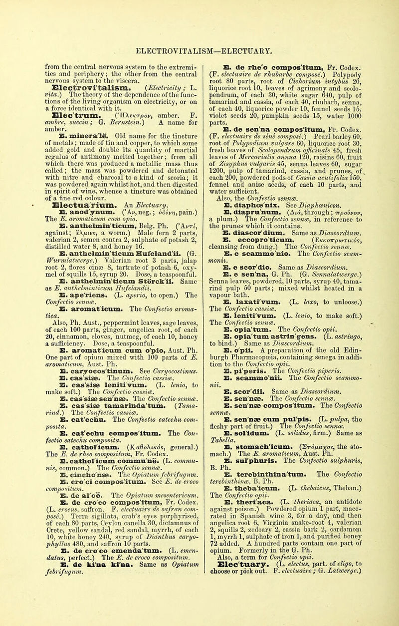 ELECTROVITALISM—ELECTUARY. from the central nervous system to the extremi- ties and periphery; the other from the central nervous system to the viscera. Electrovi'talism. {Electricity; L. vita.) The theory of the dependence of the func- tions of the living organism on electricity, or on a force identical with it. Elec'trum. (HXtK-rpov, amber. F. ambre, succin; Q. Bernstein.) A name for amber. E. minerals. Old name for the tincture of metals; made of tin and copper, to which some added gold and double its quantity of martial regulus of antimony melted together; from all which there was produced a metallic mass thus called; the mass was powdered and detonated with nitre and charcoal to a kind of scoria; it was powdered again whilst hot, and then digested in spirit of wine, whence a tincture was obtained of a tine red colour. Electua rium. An Electuary. fi. anod'ynnm. ('Ay, neg.; d6uv>;, pain.) The E. aromaticum cum opto. E. antbelmin'ticum, Belg. Ph. ('Awi-t, against; eA.juii/s, a worm.) Male fern 2 parts, valerian 2, semen contra 2, sulphate of potash 2, distilled water 8, and honey 16. E. antbelmin'ticum Hufeland'ii. (0. Wurmlatwerge.) Valerian root 3 parts, jalap root 2, flores cinse 8, tartrate of potash 6, oxy- mel of squills 15, syrup 20. Dose, a teaspoonful, E. antbelmin'ticum Storek'ii. Same as E. anthelminticum Hufelandii. E. ape'riens. (L. aperio, to open.) The Confectio senna. E. aromaticum. The Confectio aroma- tica. Also, Ph. Aust., peppermint leaves, sage leaves, of each 100 parts, ginger, angelica root, of each 20, cinnamon, cloves, nutmeg, of each 10, honey a sufficiency. Dose, a teaspoonful. E. aromat icum cum o'pio, Aust. Ph. One part of opium mixed with 100 parts of E. aromaticum, Aust. Ph. E. caryocos'tinum. See Caryoeostinus. E. eas'sise. The Confectio cassia. E. eas'sise leniti'vum. (L. lenio, to make soft.) The Confectio cassia. E. cas'sise sen'nse. The Confectio senna;. E. cas'siae tamarinda'tum. {Tama- rind.) The Confectio cassice. E. cat'ecbu. The Confectio catechu com- posita. E. cat'ecbu compos'itum. The Con- fectio catechu composita. E. catbol'icum. (KaOoXi/cos, general.) The E. de rheo compositum, Fr. Codex. E. catbol'icum commune. (L. commu- nis, common.) The Confectio senna. E. cincbo'nse. The Opiatum febrifugum. E. cro'ci compos'itum. See E. de croeo compositum. E. de al'oe. The Opiatum mesentericum. E. de cro'co compos'itum, Fr. Codex. (L. crocus, saffron. F. electuaire de safran com- pose.) Terra sigillata, crab's eyes porphyrised, of each 80 parts, Ceylon canella 30, dictamnus of Crete, yellow sandal, red sandal, myrrh, of each 10, white honey 240, syrup of Bianthus caryo- phyllus 480, and saffron 10 parts. E. de cro'co emenda'tum. (L. emen- datus, perfect.) The E. de croeo compositum. E. de ki'na ki'na. Same as Opiatum febrifugum. E. de rbe'o compos'itum, Fr. Codex. (F. electuaire de rhubarbe compose.) Polypody- root 80 parts, root of Cichorium intybus 20, liquorice root 10, leaves of agrimony and scolo- pendrum, of each 30, white sugar 640, pulp of tamarind and cassia, of each 40, rhubarb, senna, of each 40, liquorice powder 10, fennel seeds 15, violet seeds 20, pumpkin seeds 15, water 1000 parts. E. de senna compos'itum, Fr. Codex. (F. electuaire de sene compose.) Pearl barley 60, root of Polypodium vulgare 60, liquorice root 30, fresh leaves of Scolopendmm officinale 45, fresh leaves of Mercurialis annua 120, raisins 60, fruit of Zisyphus vulgaris 45, senna leaves 60, sugar 1200, pulp of tamarind, cassia, and prunes, of each 200, powdered pods of Cassia acutifolia 150, fennel and anise seeds, of each 10 parts, and water sufficient. Also, the Confectio senna. E. diapboe'niz. See Biaphmnicon. E. diapru'num. (Aia, through; irpolivov, a plum.) The Confectio senna, in reference to the prunes which it contains. E. diascor'dium. Same as Biascordium. E. eccopro'ticum. {EKkoirpuiTixos, cleansing from dung.) The Confectio senna. E. e scammo'nio. The Confectio scam- monit. E. e scor'dio. Same as Biascordium. E. e sen'na, G. Ph. (G. Sennalatwerge.) Senna leaves, powdered, 10 parts, syrup 40, tama- rind pulp 50 parts; mixed whilst heated in a vapour bath. E. laxati'vum. (L, laxo, to unloose.) The Confectio cassia. E. leniti'vum. (L. lenio, to make soft.) The Confectio senna. E. bpia'tum. The Confectio opii. E. opia'tum astrin'gens. (L. astringo, to bind.) Same as Biascordium. E. o'pii. A preparation of the old Edin- burgh Pharmacopoeia, containing senega in addi- tion to the Confectio opii. E. pi'peris. The Confectio piperis. E. scammo'nii. The Confectio scammo- nii. E. scor'dii. Same as Biascordium. E. sen'nse. The Confectio senna. E. sen'nse compos'itum. The Confectio senna. E. sen'nse cum pul'pis. (L. pulpa, tho fleshy part of fruit.) The Confectio senna. E. sol'idum. (L. solidus, firm.) Same as Tabella. E. stomaeb'icum. (Sro/uaxo?, the sto- mach.) The E. aromaticum, Aust. Ph. E. sul'pburis. The Confectio sulphuris, B. Ph. E. terebintbina'tum. The Confectio terebinthina, B. Ph. E. tbeba'icum. (L. thebaicus, Theban.) The Confectio opii. E. tberi'aca. (L. theriaca, an antidote against poison.) Powdered opium 1 part, mace- rated in Spanish wine 3, for a day, and then angelica root 6, Virginia snake-root 4, valerian 2, squills 2, zedoary 2, cassia bark 2, cardamom 1, myrrh 1, sulphate of iron 1, and purified honey 72 added. A hundred parts contain one part of opium. Formerly in the G. Ph. Also, a term for Confectio opii. Elec tuary. (L. electus, part, of eligo, to choose or pick out. F. electuaire ; G. Latwerge.)