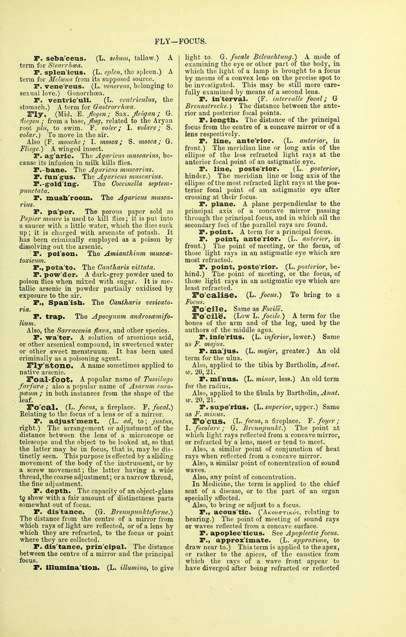 ply—: FOCUS. P. seba'ceus. (L. sebum, tallow.) A term for Stearrhoza. P. splen'icus. (L. splen, the spleen.) A term for Melcena from its supposed source. P. vene'reus. (L. venereus, belonging to sexual love.) Gonorrhoea. P. ventric'uli. (L. ventriculm, the stomach.) A term for Gastrorrhcea. Fly. (Mid. E. flegen ; Sax. fleogan; G. fliegen ; from a base, flug, related to the Aryan root plu, to swim. F. voter; I. volare ; S. volar.) To move in the air. Also (F. mouche; I. mosca; S. mosca; G. Fliege.) A winged insect. P. agaric. The Agaricus muscarius, be- cause its infusion in milk kills flies. P.-bane. The Agaricus muscarius. P. fungus. The Agaricus muscarius. P.-gold'ing. The Coccinella septem- punctata. P. musb'room. The Agaricus musca- rius. P. pa'per. The porous paper sold as Papier moure is used to kill flies; it is put into a saucer with a little water, which the flies suck up; it is charged with arsenate of potash. It has been criminally employed as a poison by dissolving out the arsenic. 1 P. poison. The Amianthium muscce- toxicum. P., pota to. The Cantharis vittata. P. pow der. A dark-grey powder used to poison flies when mixed with sugar. It is me- tallic arsenic in powder partially oxidised by exposure to the air. P., Span'isn. The Cantharis vesicato- ria. P. trap. The Apocynum androseemifo- lium. Also, the Sarraeenia flava, and other species. P. wa'ter. A solution of arsenious acid, or other arsenical compound, in sweetened water or other sweet menstruum. It has been used criminally as a poisoning agent. Fly Stone. A name sometimes applied to native arsenic. Soal-foot. A popular name of Tussilago farfara ; also a popular name of Asarum euro- pium ; in both instances from the shape of the leaf. Eo'cal. (L. focus, a fireplace. F. focal.) Eelating to the focus of a lens or of a mirror. P. adjust'ment. (L. ad, to; justus, right.) The arrangement or adjustment of the distance between the lens of a microscope or telescope and the object to be looked at, so that the latter may be in focus, that is, may be dis- tinctly seen. This purpose is effected by a sliding movement of the body of the instrument, or by a screw movement; the latter having a wide thread,the coarse adjustment; or a narrow thread, the fine adjustment. P. depth. The capacity of an object-glass tg show with a fair amount of distinctness parts somewhat out of focus. P. dis'tance. (G. Brennpunktsferne.) The distance from the centre of a mirror from which rays of light are reflected, or of a lens by which they are refracted, to the focus or point where they are collected. P. dis'tance, prin'cipal. The distance between the centre of a mirror and the principal focus. P. illumlna'tion. (L. illumino, to give light to. G. focale Beleuchtung.) A mode of examining the eye or other part of the body, in which the light of a lamp is brought to a focus by means of a convex lens on the precise spot to be investigated. This may be still more care- fully examined by means of a second lens. P. interval. (F. intervalle focal; G Brennstrecke.) The distance between the ante- rior and posterior focal points. P. length. The distance of the principal focus from the centre of a concave mirror or of a lens respectively. P. line, ante'rior. (L. anterior, in front.) The meridian line or long axis of the ellipse of the less refracted light rays at the anterior focal point of an astigmatic eye. P. line, poste'rior. (L. posterior, hinder.) The meridian line or long axis of the ellipse of the most refracted light rays at the pos- terior focal point of an astigmatic eye after crossing at their focus. P. plane. A plane perpendicular to the principal axis of a concave mirror passing through the principal focus, and in which all the secondary foci of the parallel rays are found. P. point. A term for a principal focus. P. point, ante'rior. (L. anterior, in front.) The point of meeting, or the focus, of those light rays in an astigmatic eye which are most refracted. P. point, poste'rior. (L. posterior, be- hind.) The point of meeting, or the focus, of those light rays in an astigmatic eye which are least refracted. Fo'caliSG. (L. focus.) To bring to a Focus. Fo'cile. Same as Focile. 2*o'cile. (Low L. focile.) A term for the bones of the arm and of the leg, used by the authors of the middle ages. P. infe'rius. (L. inferior, lower.) Same as F. inajus. P. ma'jus. (L. major, greater.) An old term for the ulna. Also, applied to the tibia by Bartholin, Anat. w. 20, 21. P. mi'nus. (L. minor, less.) An old term for the radius. Also, applied to the fibula by Bartholin, Anat. w. 20, 21. P.supe'rius. (L. superior, upper.) Same as F. minus. Fo cus. (L. focus, a fireplace. F. foyer; I. focolare; G. Brcnnpunkt.) The point at which light rays reflected from a concave mirror, or refracted by a lens, meet or tend to meet. Also, a similar point of conjunction of heat rays when reflected from a concave mirror. Also, a similar point of concentration of sound waves. Also, any point of concentration. In Medicine, the term is applied to the chief seat of a disease, or to the part of an organ specially affected. Also, to bring or adjust to a focus. P., acous'tic. ('Akouo-tikos, relating to hearing.) The point of meeting of sound rays or waves reflected from a concave surface. P. apoplec'ticus. See Apoplectic focus. P., approximate. (L. approximo, to draw near to.) This term is applied to the apex, or rather to the apices, of the caustics from which the rays of a wave front appear to have diverged after being refracted or reflected
